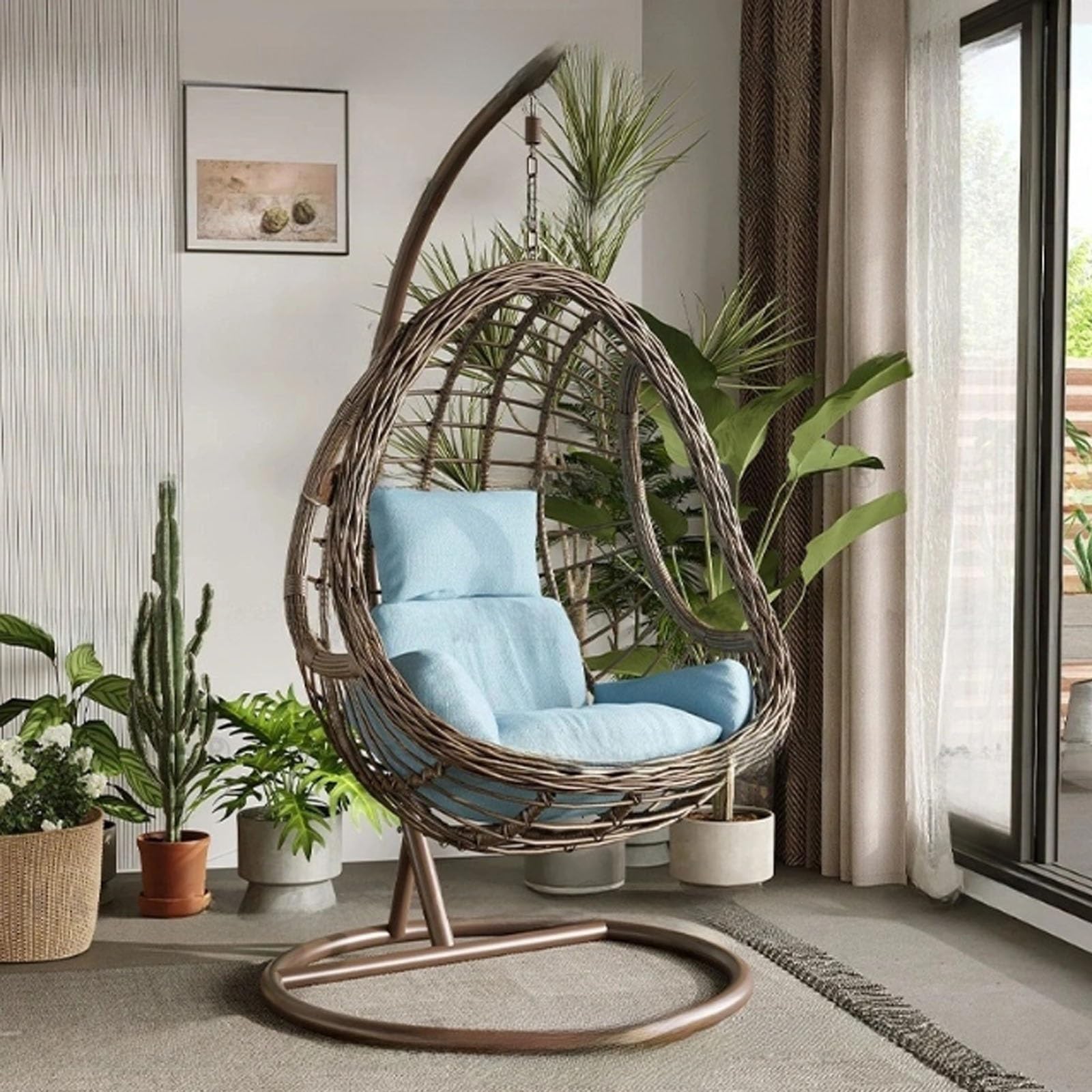 Silla de huevo con soporte, silla colgante de ratán para uso al aire libre, cuenta con cojín y almohada, ideal para porche, patio, dormitorio, balcón o patio