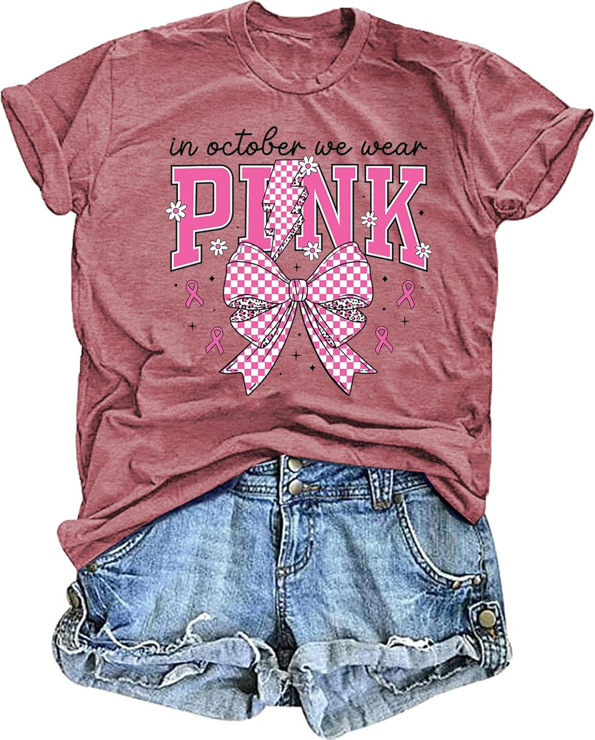 Breast Cancer Awareness Shirts for Women: in October We Wear Pink Graphic T-Shirts Pink Ribbon Bow Short Sleeve Pink4 Medium