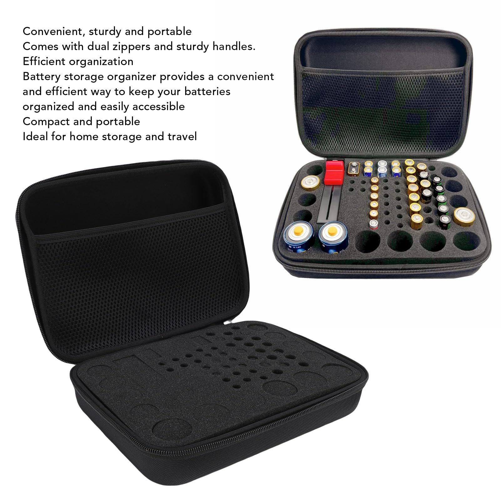 Hard Battery Organizer Storage Box, Carrying Case Bag with Handle, Dual Zipper, Can Holds AA AAA C D 3V 9V Batteries, Tester, Accessories