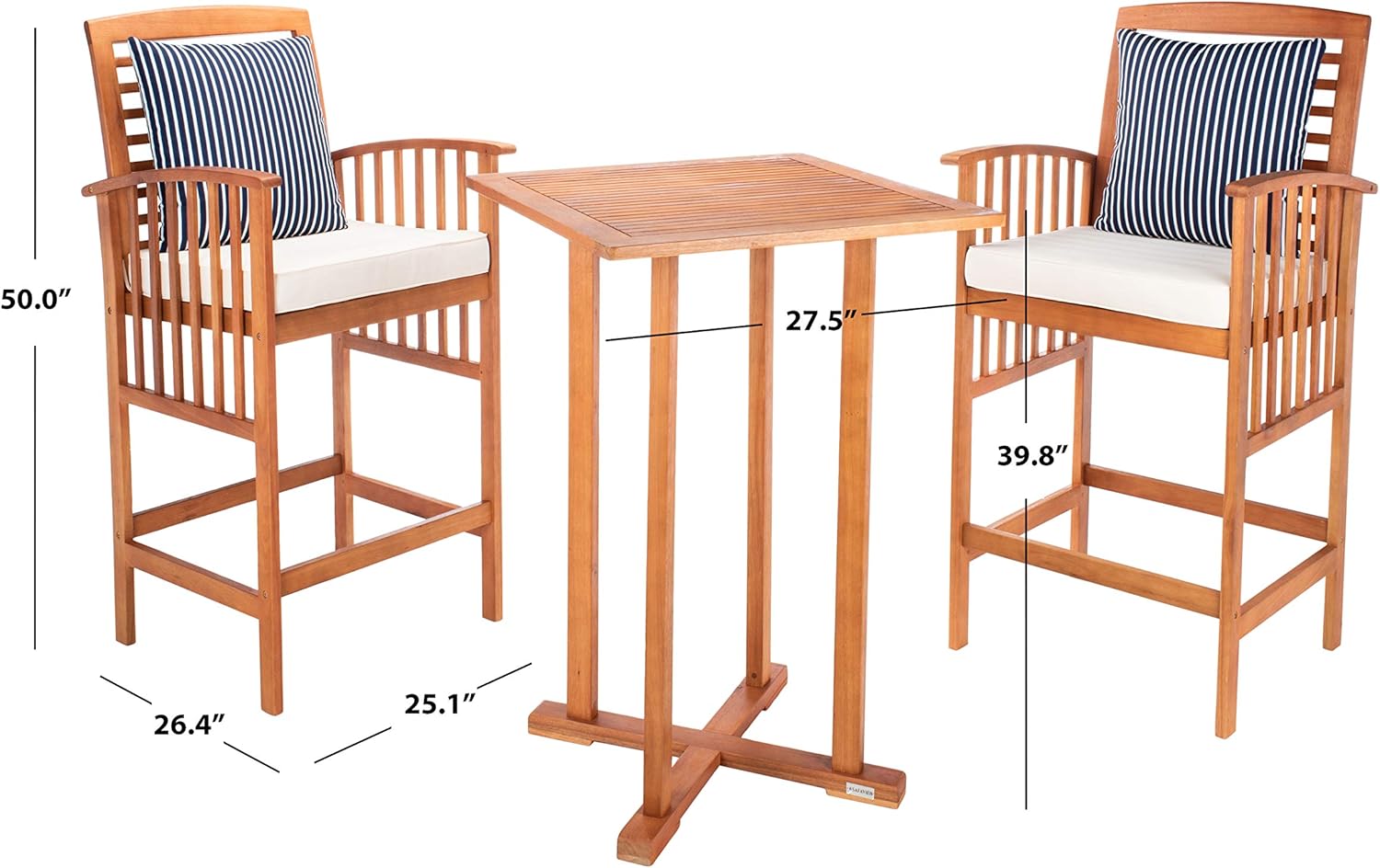 SAFAVIEH Outdoor Collection Pate Natural/ Beige Cushions/ Thin Stripe Pillows 3-Piece Bar Table Bistro Set : Patio, Lawn & Garden