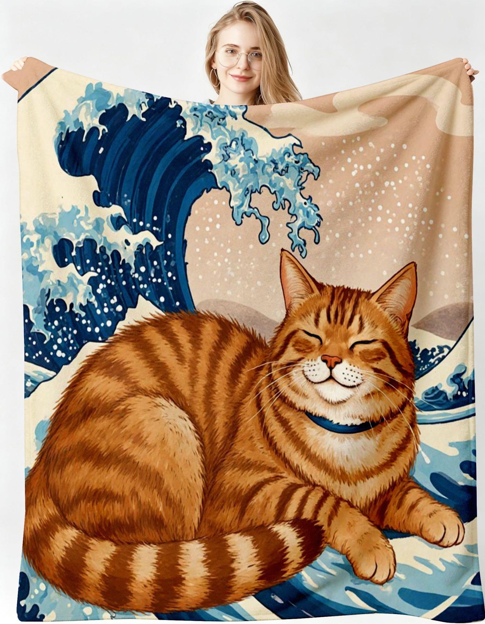Coperta 180x200 Gatto Delle Onde Pile Flanella Motivo-A91 | Coperta Termica Invernale Microfibra, Stampa 3D Plaid Letto Matrimoniale di Flanella, per Copriletto Copridivano Soggiorno