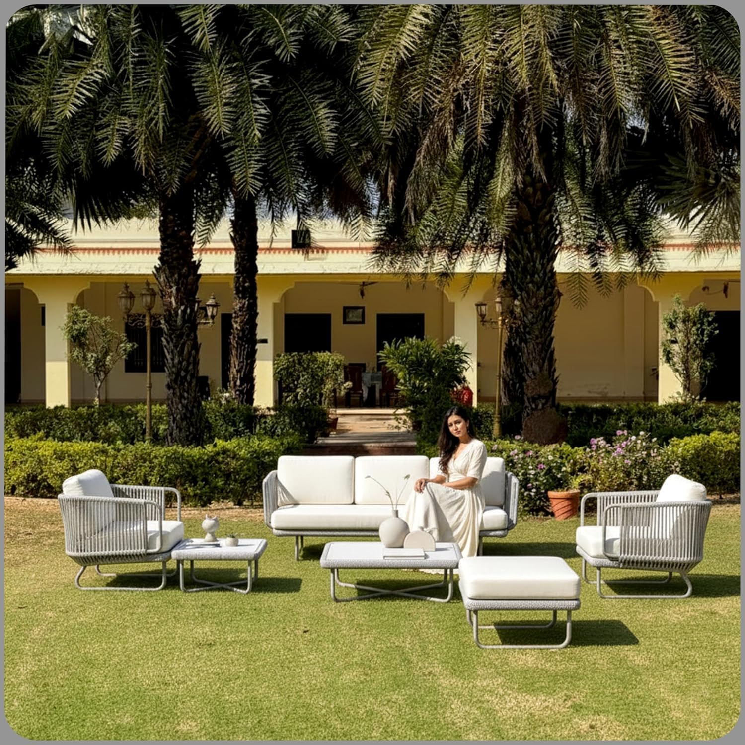 Grand Living Outdoor Rope Sofa Set, Braided Rope Patio Conversation Set with Table, 2 Chairs, Sofa and Pouf, Balcony Garden Furniture (5 Seater- White)-image-17