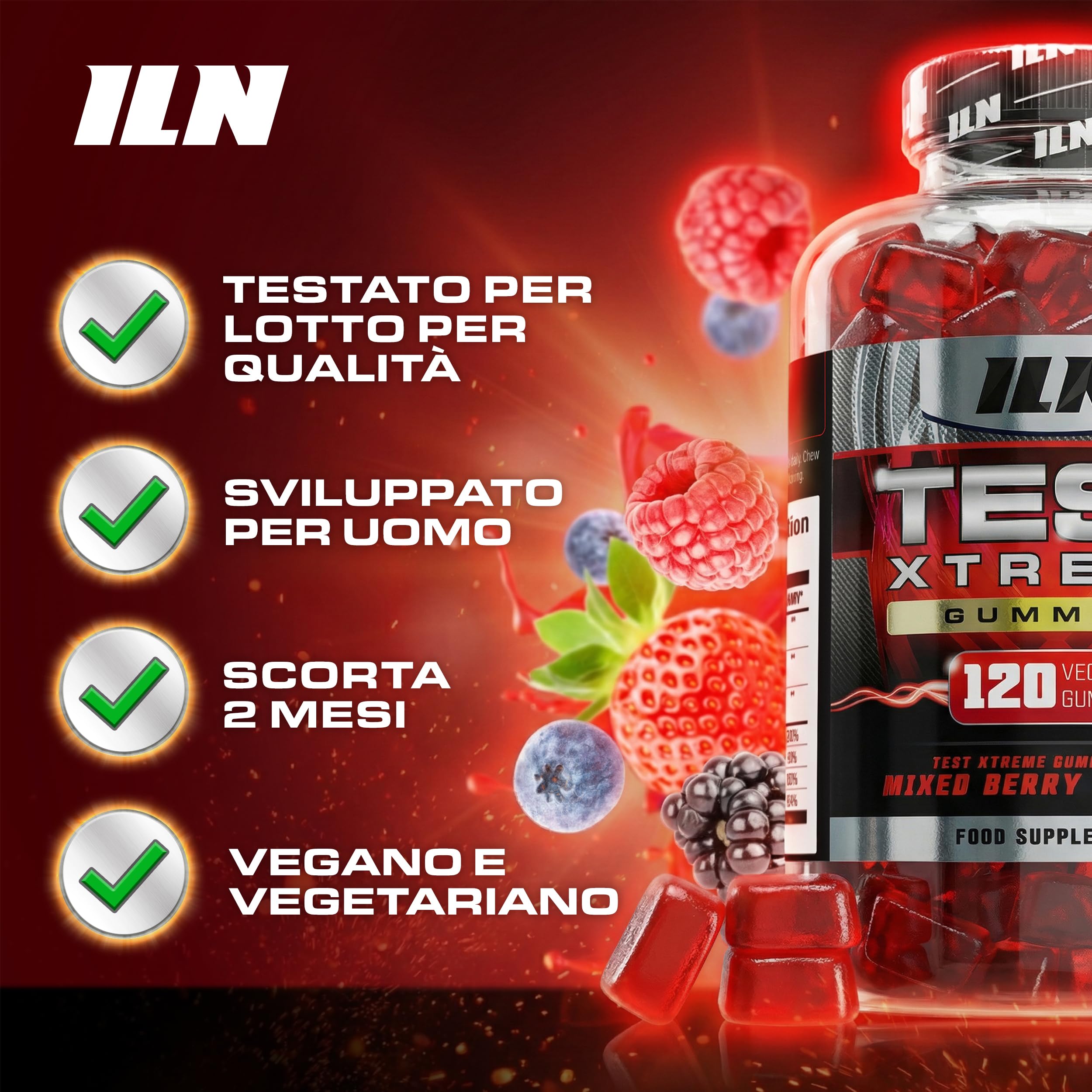 Test Xtreme Gommose Uomo - Booster Alta Potenza con Maca 30:1, Ginseng, Zinco - Senza Zucchero, Frutti di Bosco - 120 Gommose Vegane