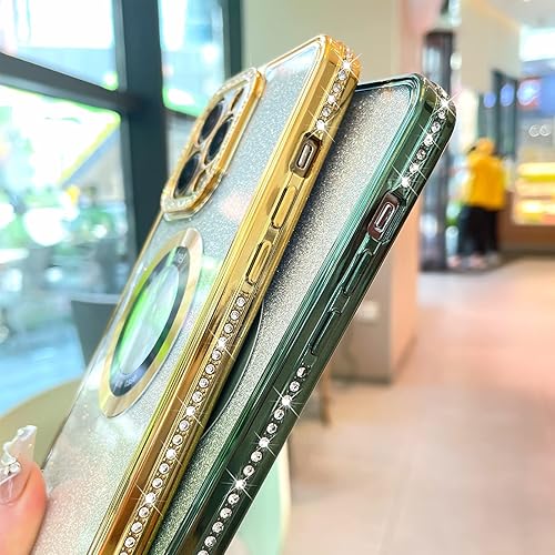 Miniatura 6 de MZELQ Funda para iPhone 14 Pro Max con purpurina degradada Soporte para MagsafeProtector de cámara con diamantes magnéticos, vista de logotipo,