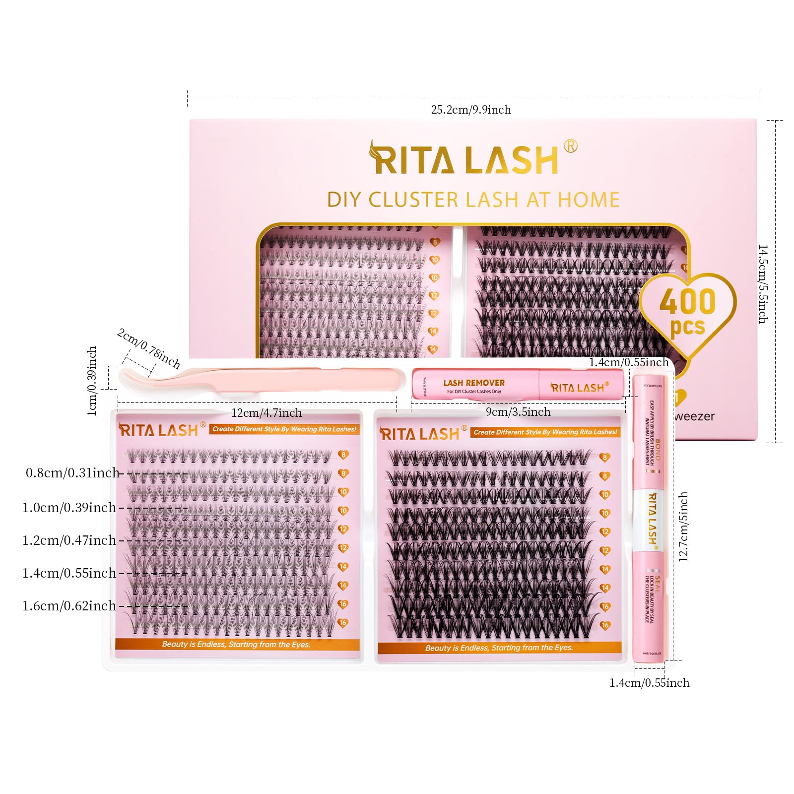 RITALASH Lash Extension Kit 400Pcs,DIY Individual Lashes Clusters Kit,Lash Bond And Seal,Lash Remover For Eyelashes Extensions (10D+30D Cluster Kit) - Image 2