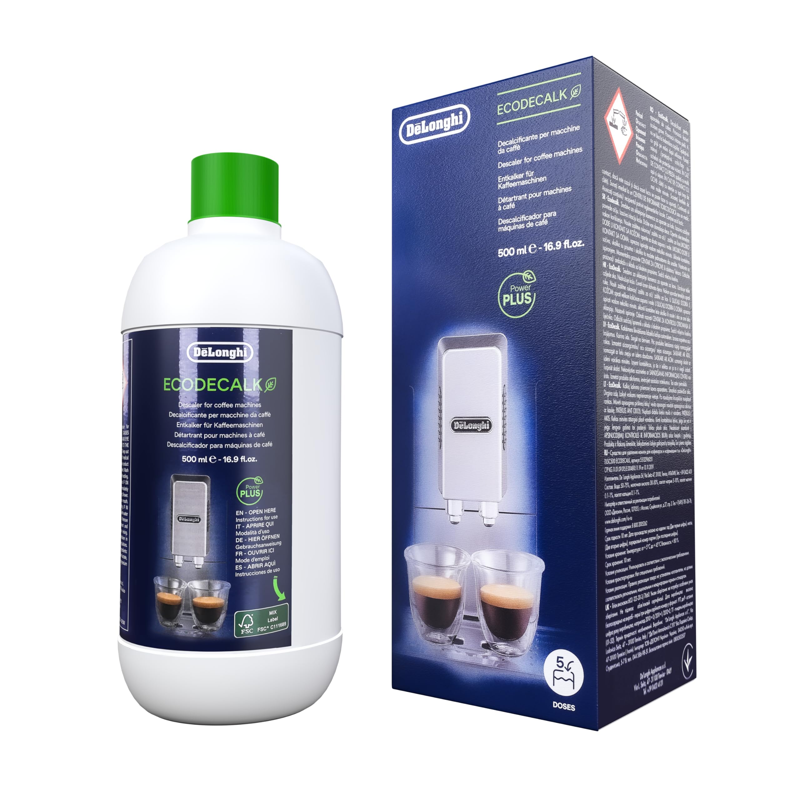 Aquafloow Kit d'entretien compatible avec DeLonghi Machine à Café – 3x Filtre à Eau (remplace DLSC002), DeLonghi EcoDecalk Détartrant (500ml) & Eco MultiClean (250ml) – Set de Nettoyage Complet