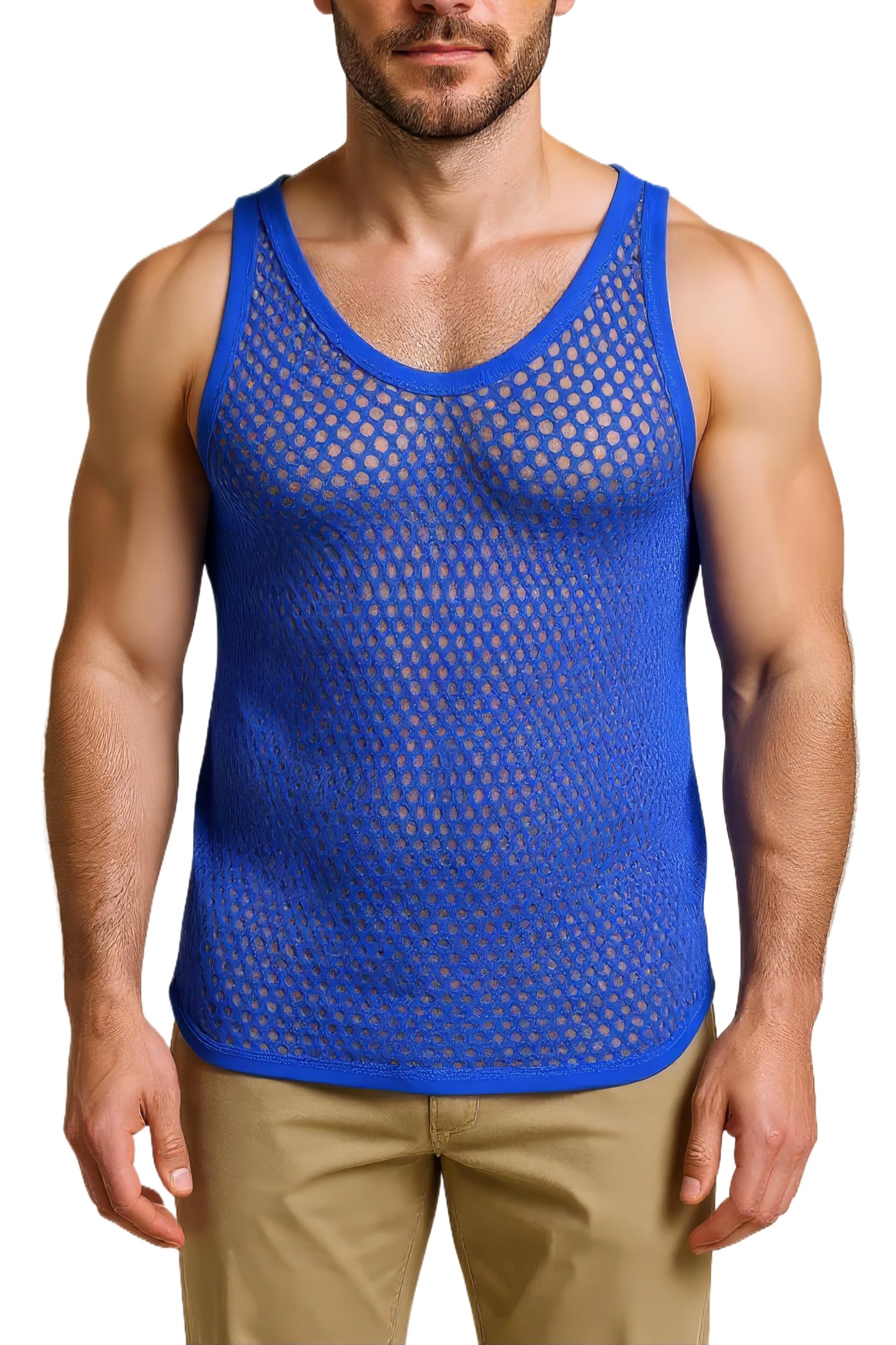Crazy Lizard Unisex Royal Blue String Vest. Heavy Cotton Gym Vests For Men Uk. String Vests For Men Uk. The Classic British Mesh Vest With See Through Fishnet Fabric.
