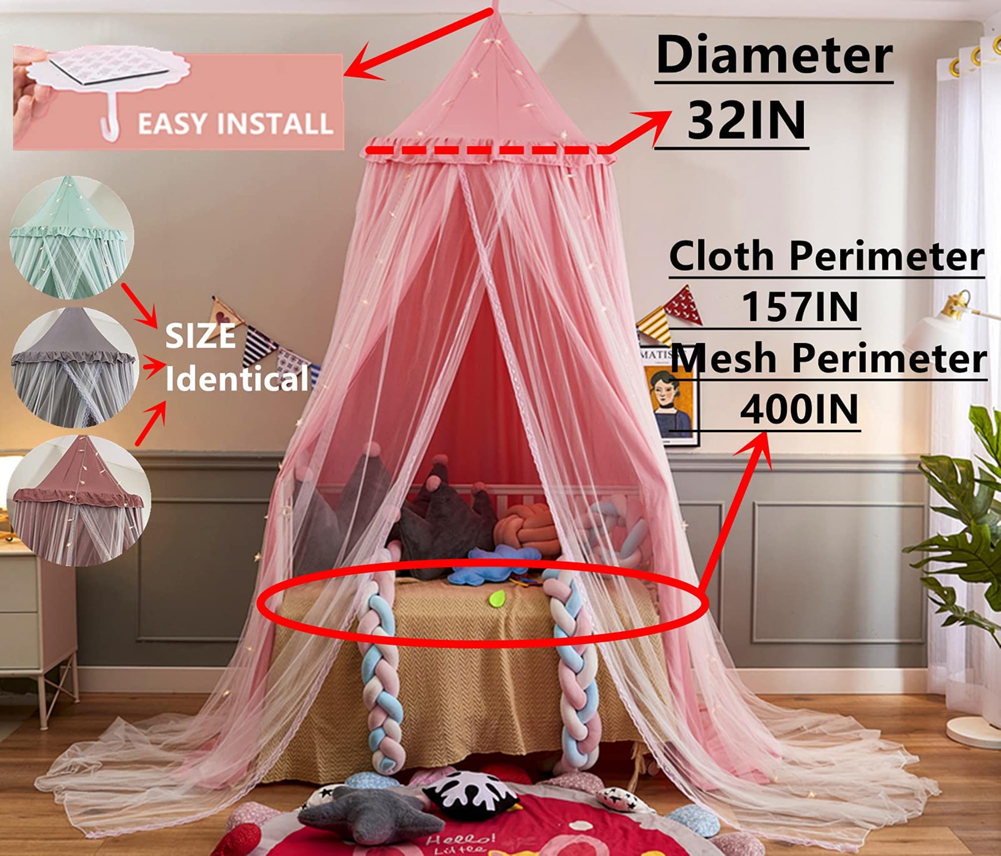Dosel de Cama para niñas Doble Capa Princesa Cúpula Redonda Mosquitera soñadora Habitación de niñas Castillo Tienda de Juego Casa Colgante Decoración Rincón de Lectura Doseles(Gris/Blanco)