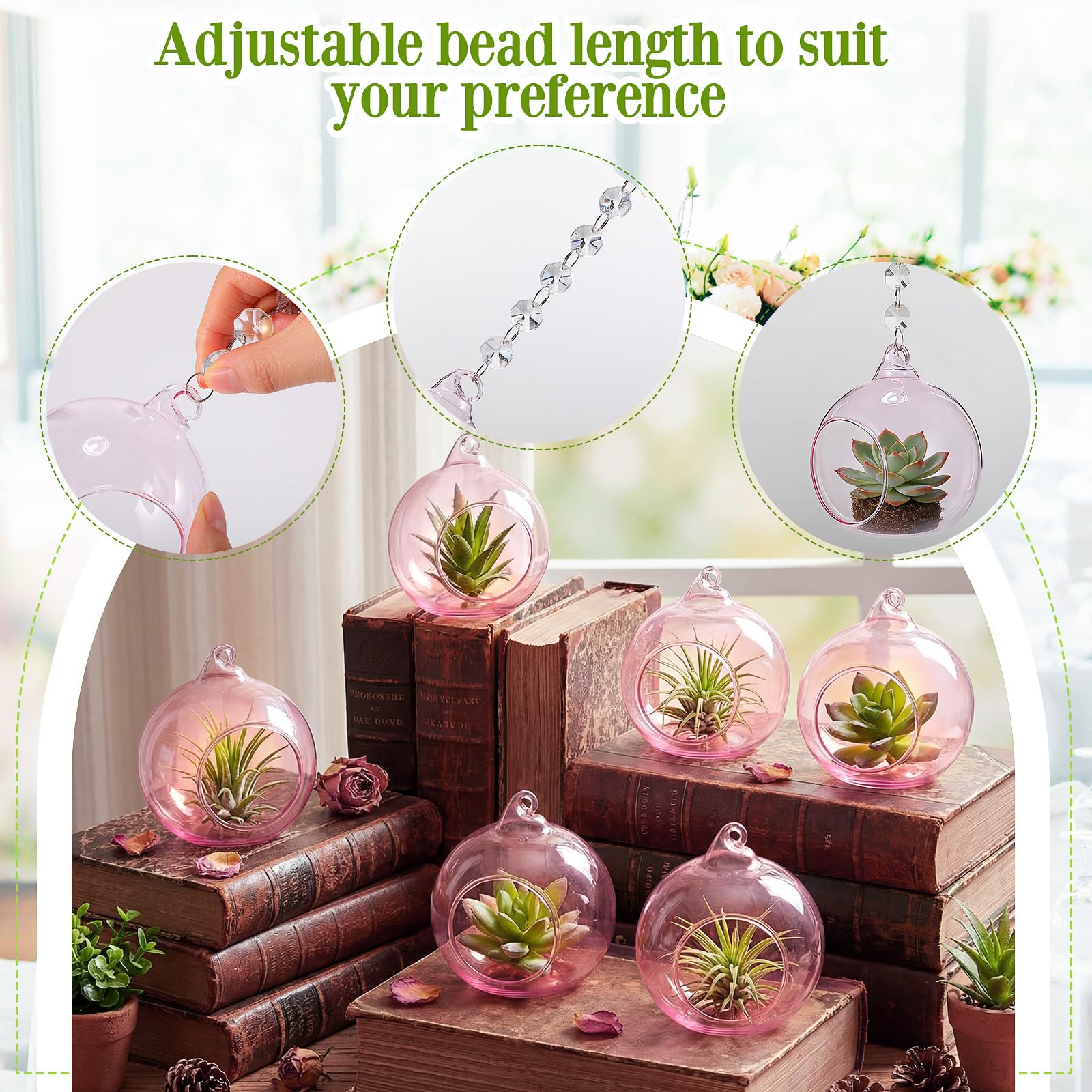 GlikCeil Lot de 17 photophores en verre à suspendre en forme de globe et guirlande de cristaux K9 transparents pour décoration de fête de mariage 8,9 cm