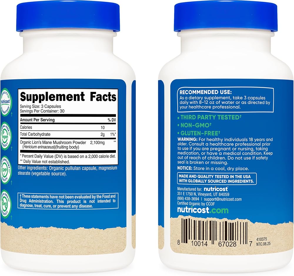 Nutricost Lion's Mane Mushroom Capsules 2100mg, 30 Servings - CCOF Certified Made with Organic, Vegetarian, Gluten Free, 700mg Per Capsule, 90 Capsules