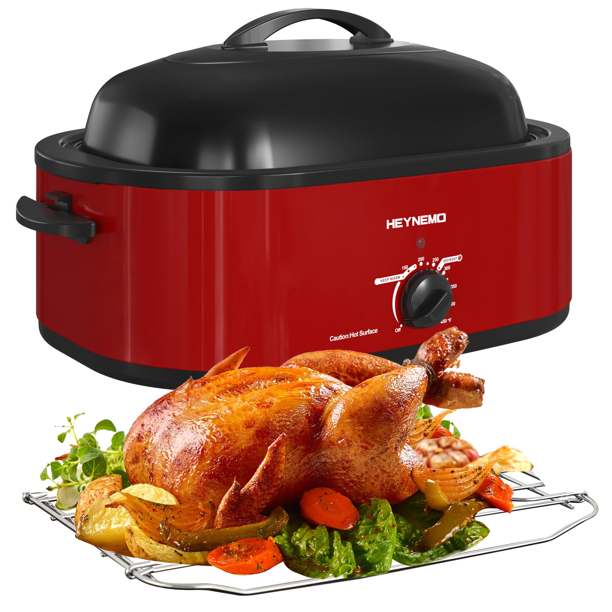 18 Quart Roaster With Self-Basting Lid, Turkey Roaster With Defrost & Warm Function, Adjustable Temperature, Electric Roaster With Removable Pan & Rack, Stainless Steel, Red