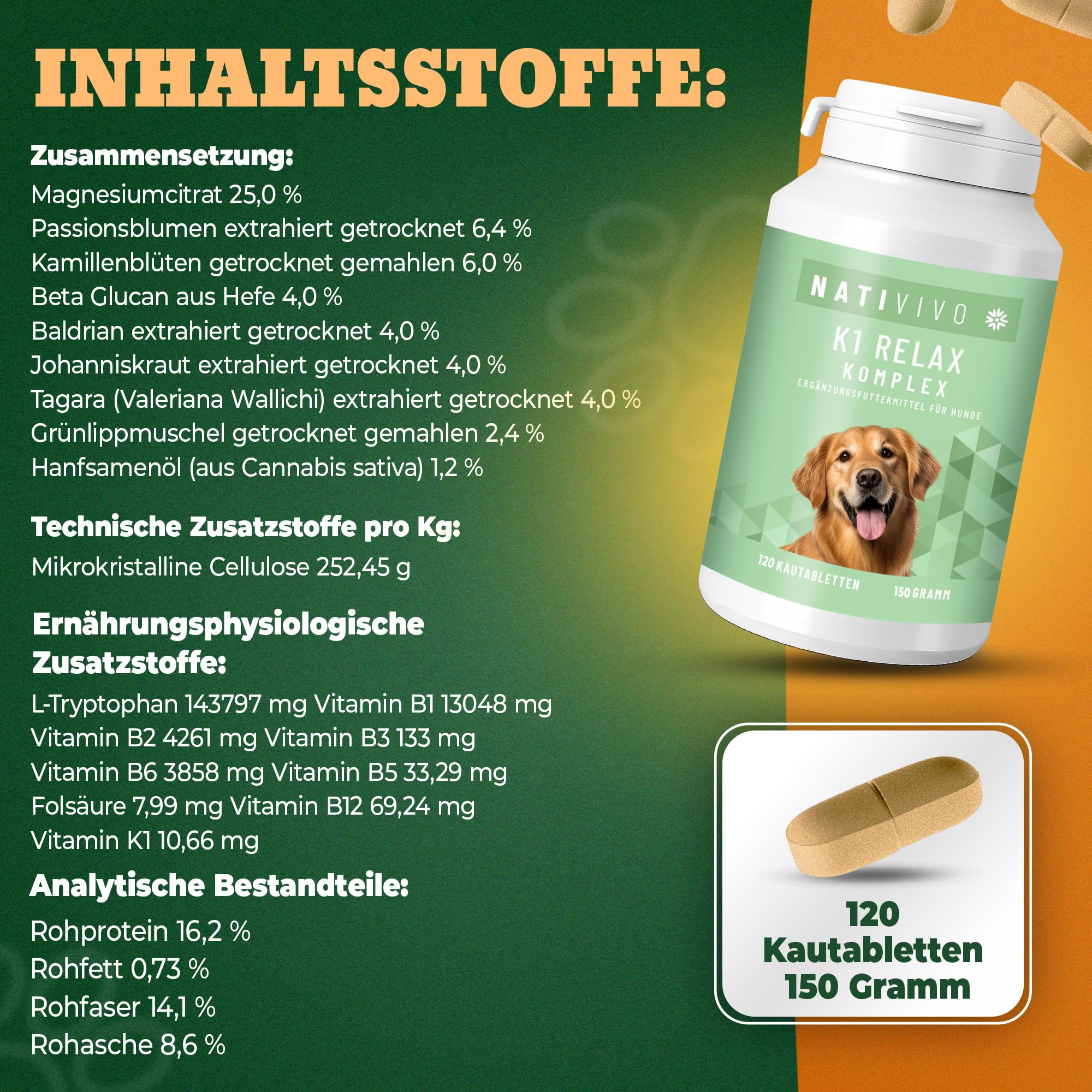 K1 Relax Komplex Beruhigungsmittel für Hunde - Baldrian Hanfsamenöl & L Tryptophan Hund Beruhigung - Hunde Beruhigungsmittel unterstützend bei Angst & Stress - Beruhigung Hund - 120 Tabletten