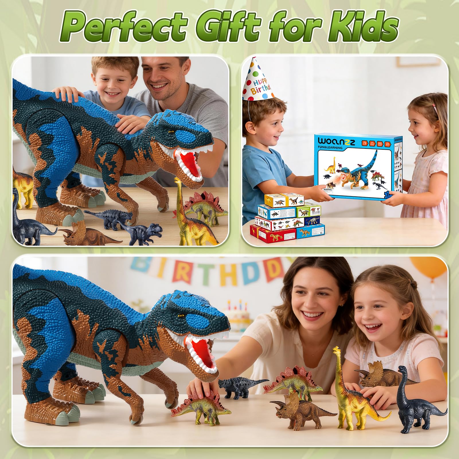 Figura de Dinosaurio de 24 Pulgadas con Ruedas Móviles, Rugido y Spray de Neblina – Cabeza y Cola Extraíbles, Contiene 10 Mini Dinosaurios – Juego Interactivo para Niños (Azul