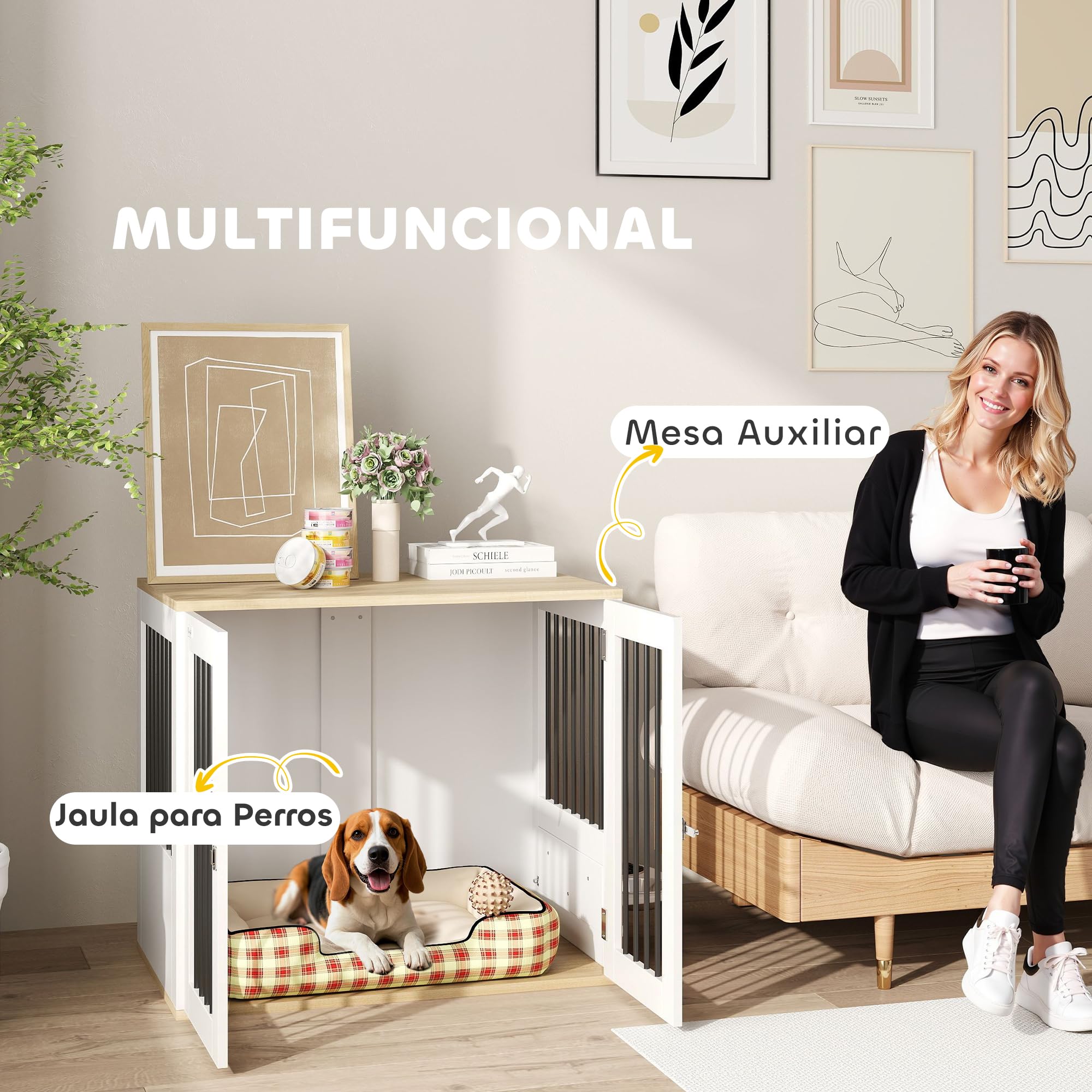 PawHut Jaula para Perros Medianos 2 en 1 Mesa Auxiliar con 2 Puertas con Pestillo Comedero Giratorio de 360° 2 Cuencos y Almohadillas Antideslizantes 80x55x71,5 cm Blanco