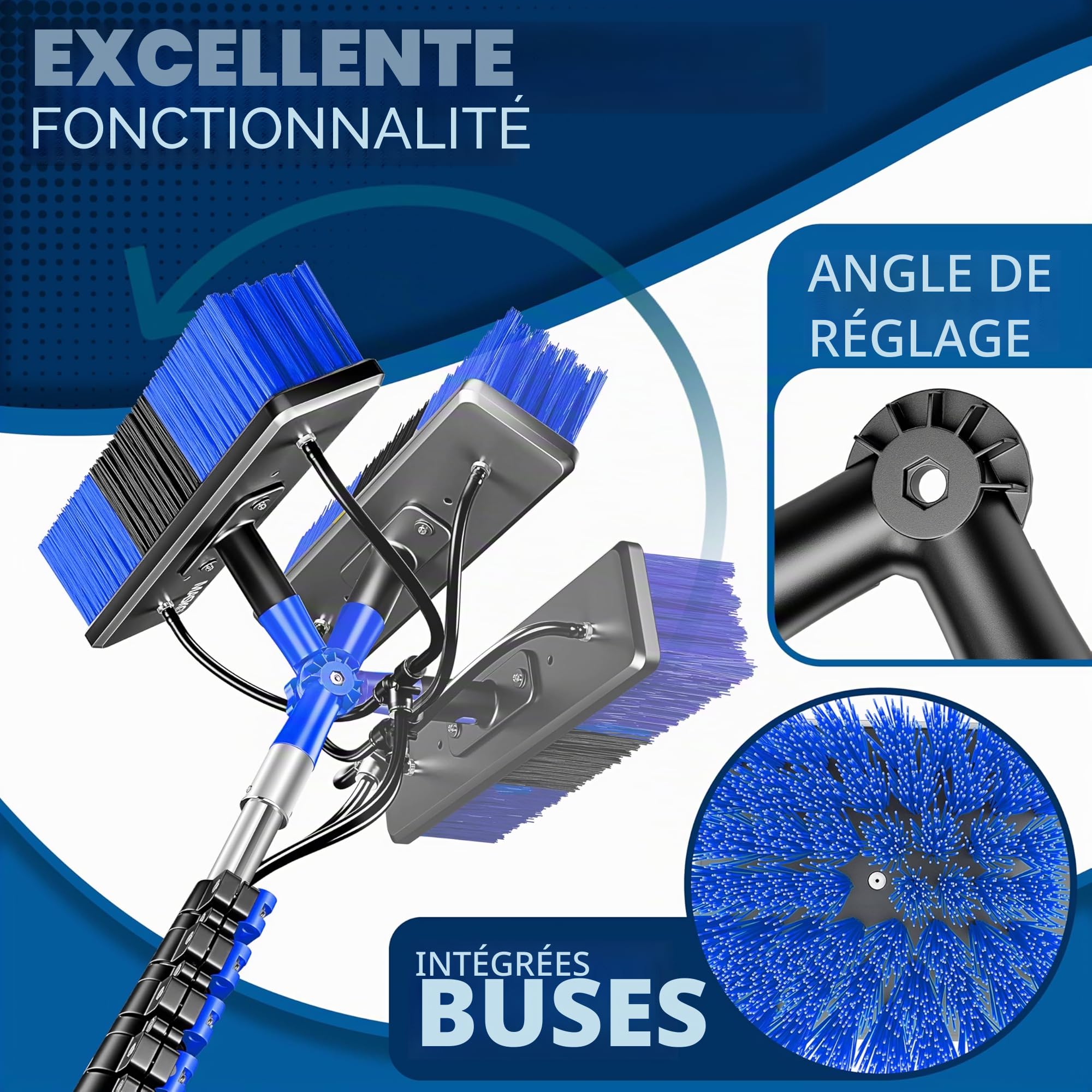 MASKO® Brosse de lavage télescopique avec raccord d'eau 7,2 m | Brosse de nettoyage extensible | Nettoyage des fenêtres et des installations PV | Poils