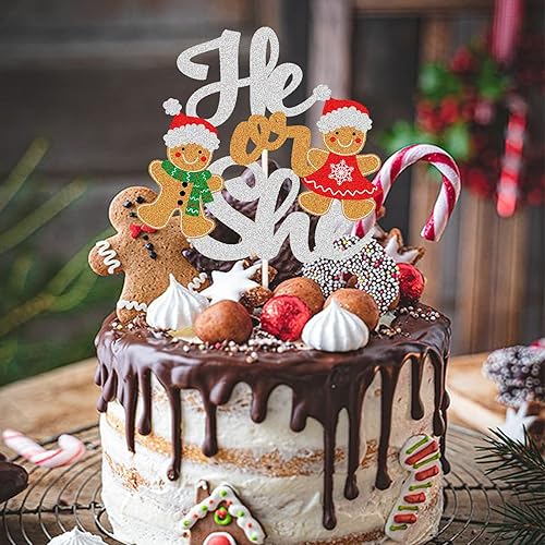 Miniatura 4 de Decoración para pastel de niño o niña con temática de pan de jengibre, decoración de pastel de revelación de género de Navidad con purpurina