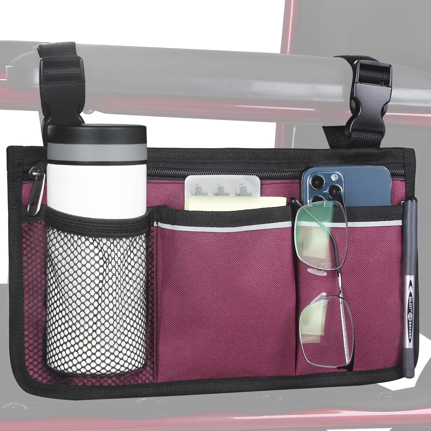 HSGEZUOQI Wheelchair Side Bag, Armrest Storage Pouch with Cup Holder and Reflective Strip Use of Waterproof Fabric, for Most Wheelchairs, Walkers or Rollators (Rose Red)