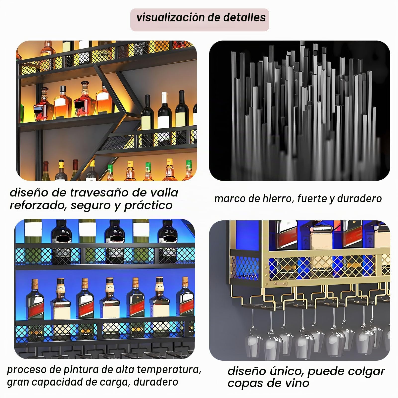 Botellero de Vino de Pared, Grande Estante de Vino Decorativo Industrial de Metal con Portavasos para Copas, Estante Flotantes para Exhibición De Vinos Botellero para (Gold, 3 Tier,200cm)