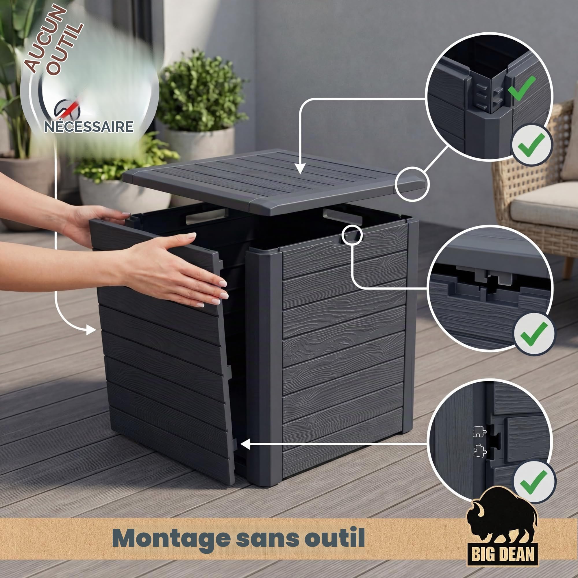 BigDean Petite boîte de jardin compacte 140 l, idéale pour balcon et petites surfaces, aspect bois
