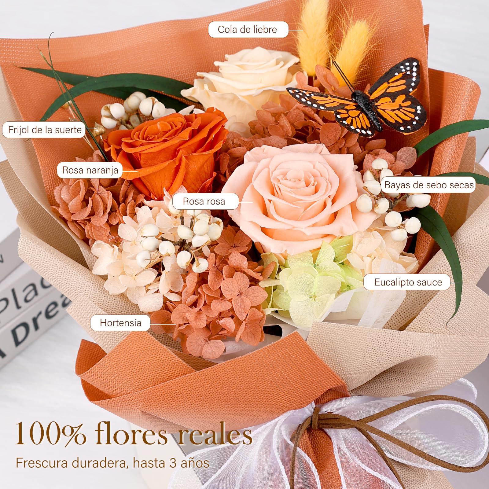 Ramo de Flores Preservadas con Mariposa, 3 Rosas Eternas y Flores, Ramo de Rosas Eternas Duraderas, Regalos para Mujer, San Valentín, Aniversario, Cumpleaños y Día de la Madre, Novia, Esposa, Madre