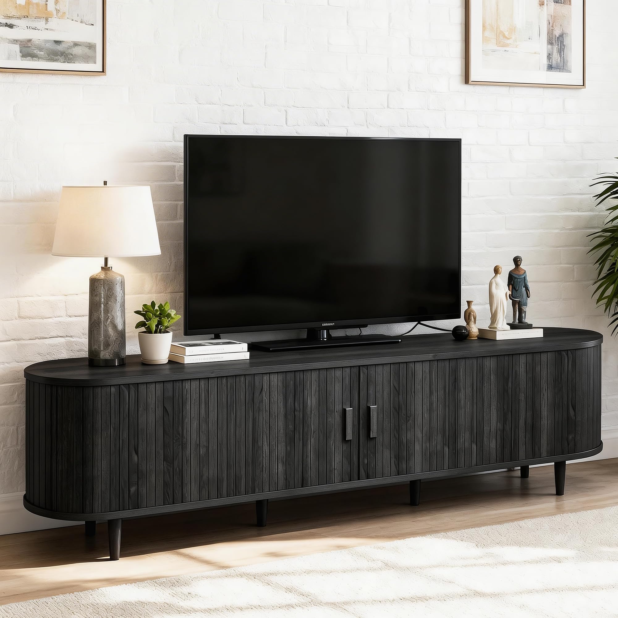 Photo 1 of [Missing Hardware] OneBlis 70" Mid Century Modern TV Stand with Sliding Doors & Power Outlet