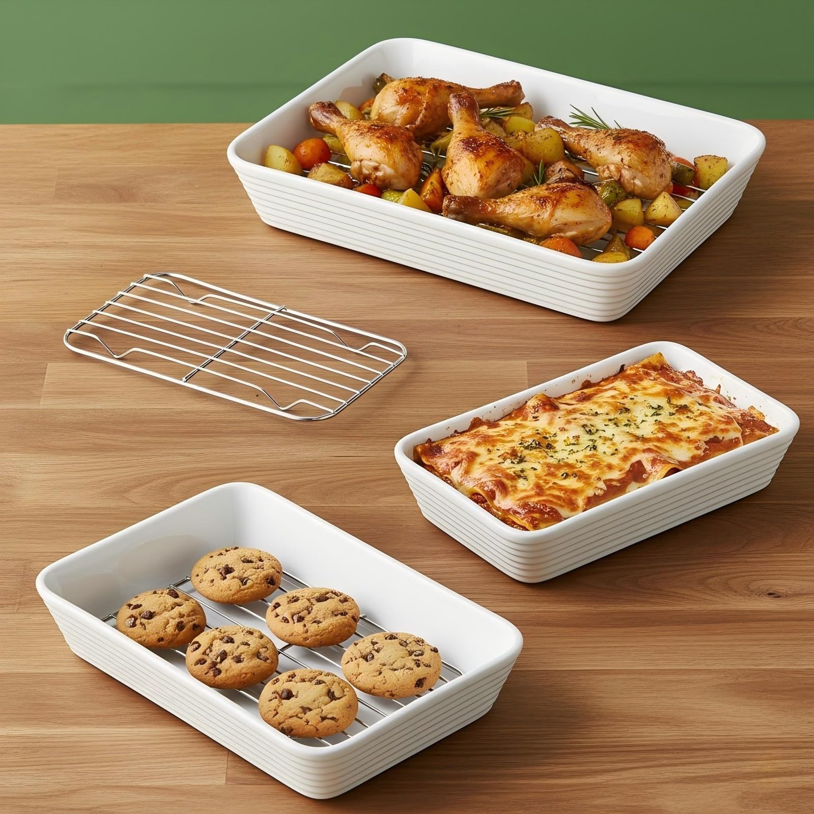 ONEMORE Set di 3 Pirofile in Ceramica con Griglia | Teglie Rettangolari per Forno | Ideali per Lasagne, Tiramisù, Sformati e Gratinati | 3 Dimensioni: 2,8L, 2L, 1,2L