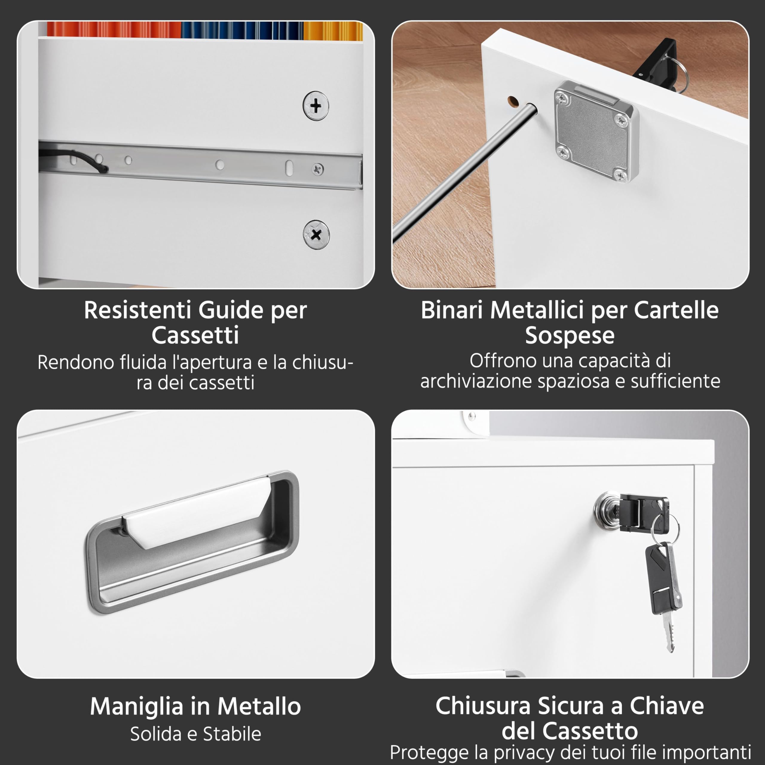 Yaheetech Schedario da Ufficio con Serratura e 2 Cassetti Bloccabili Cassettiera per Cartelle Sospese A4 Mobile Portadocumenti per Ufficio con Ruote per Studio Camera Scrivania Bianco