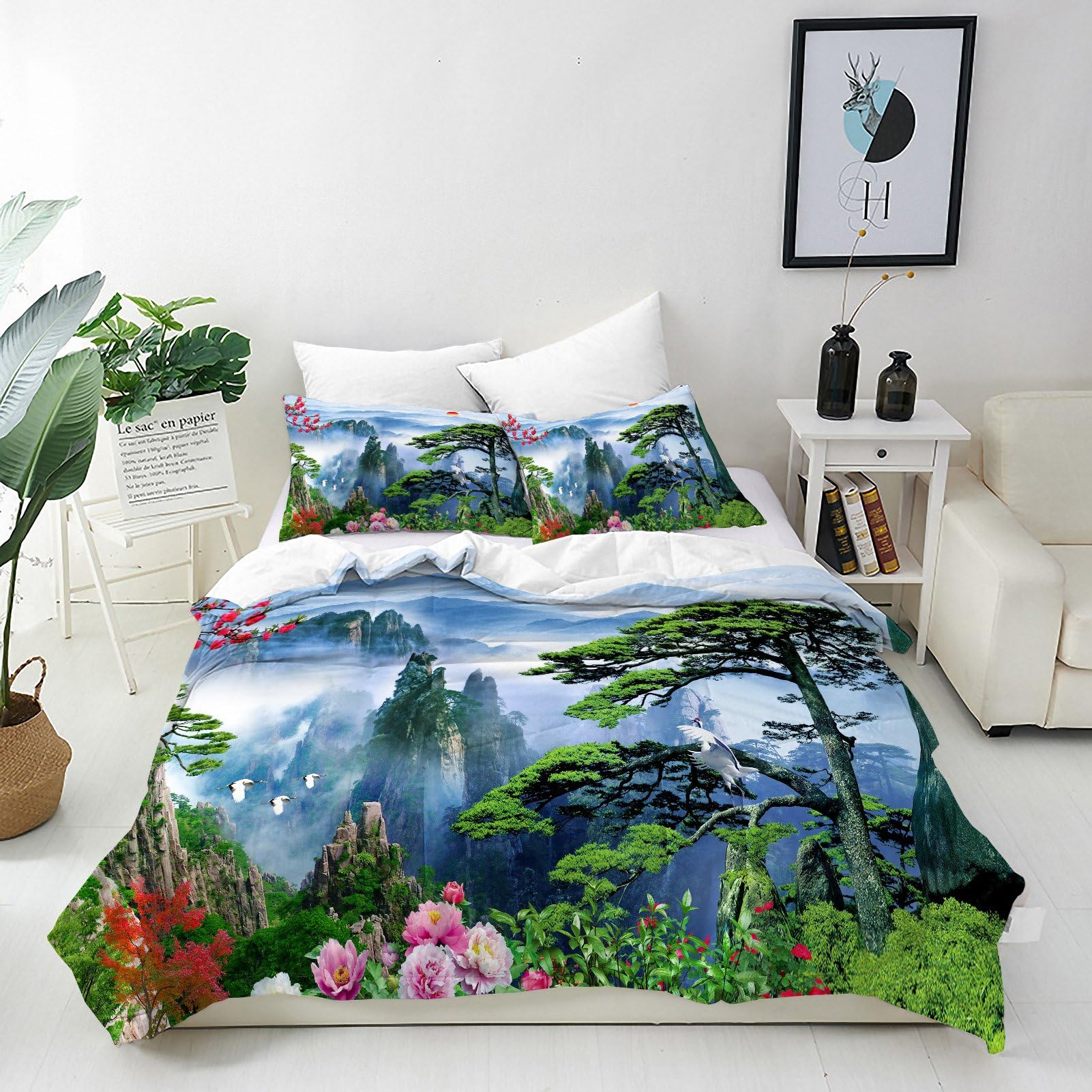 ANHOPE Nature Duvet Cover Set 3 Piece Bedding Set with 2 Pillowcases Sunset Foggy Mountain Landscape 3D Printed Pattern Soft Breathable Microfibre Quilt Cover with Zipper Closure King