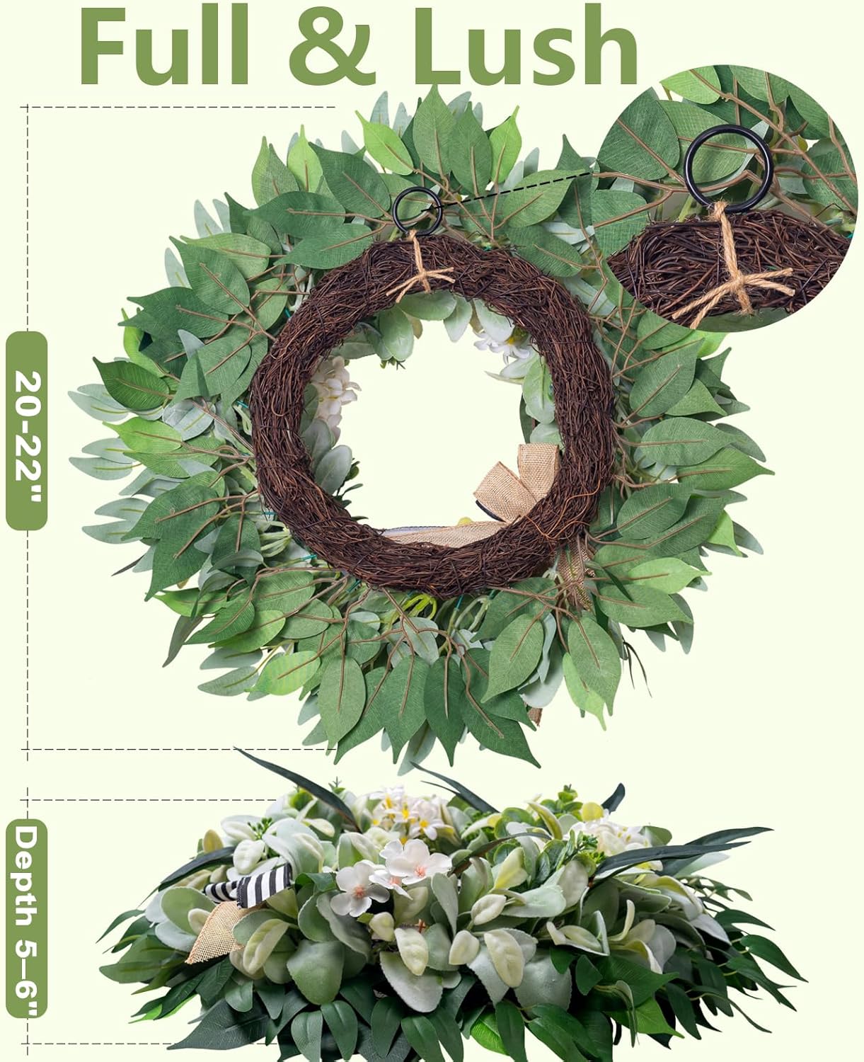 Lamb’s Ear Wreaths for Front Door Window Porch, 20-22" Spring Summer Greenery Wreath for Indoor Outdoor Farmhouse, Artificial Year-Round Hmoe Decor with Bow Hydrangea