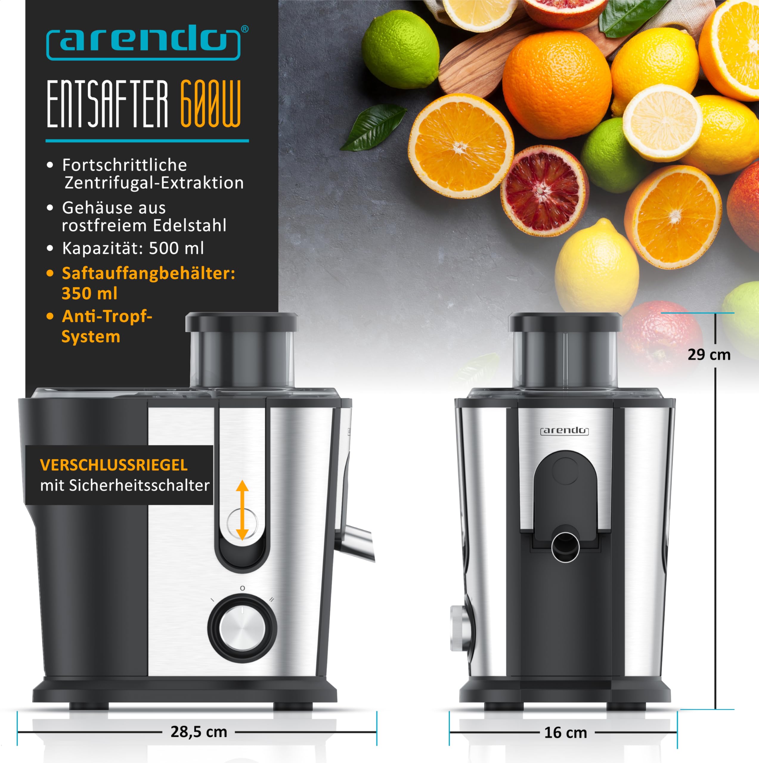 Arendo - Entsafter Edelstahl Obst und Gemüse - Zentrifugaler Entsafter - elektrisch - 2 Geschwindigkeitsstufen - Überhitzungsschutz - Edelstahlgehäuse - 600 W - BPA-frei