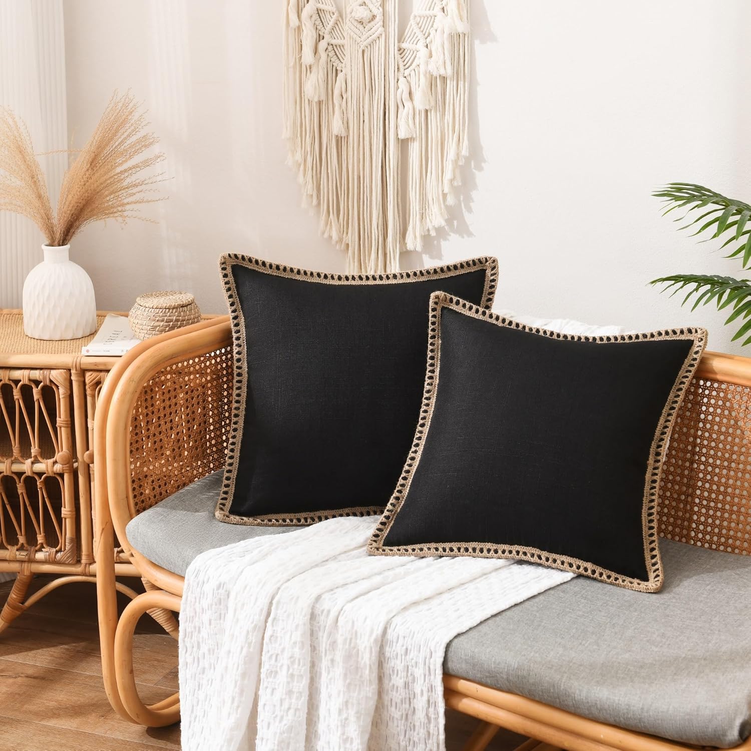 Set of 2 Farmhouse Throw Pillow Covers - Burlap Linen Trimmed Tailored Edges Decorative Cushion Covers for Bed Home Outdoor Decoration (2 Pieces, 26" x26", Black 2/ Linen Band)