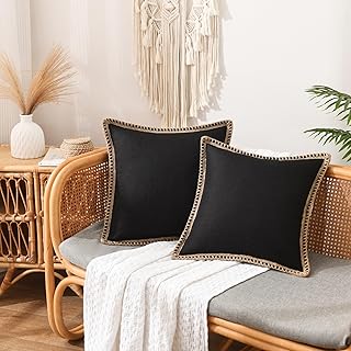 Set of 2 Farmhouse Throw Pillow Covers - Burlap Linen Trimmed Tailored E...