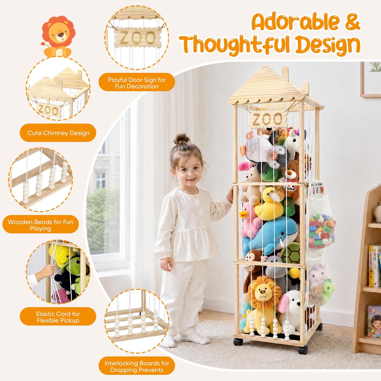 Organizador Peluches,Caja de Almacenamiento para Peluches con Reudas a 360°y Frenos,151x46x46CM Portaositos de Peluche para Habitaciones de Bebés, Dormitorios y Habitaciones Infant (Chimenea)
