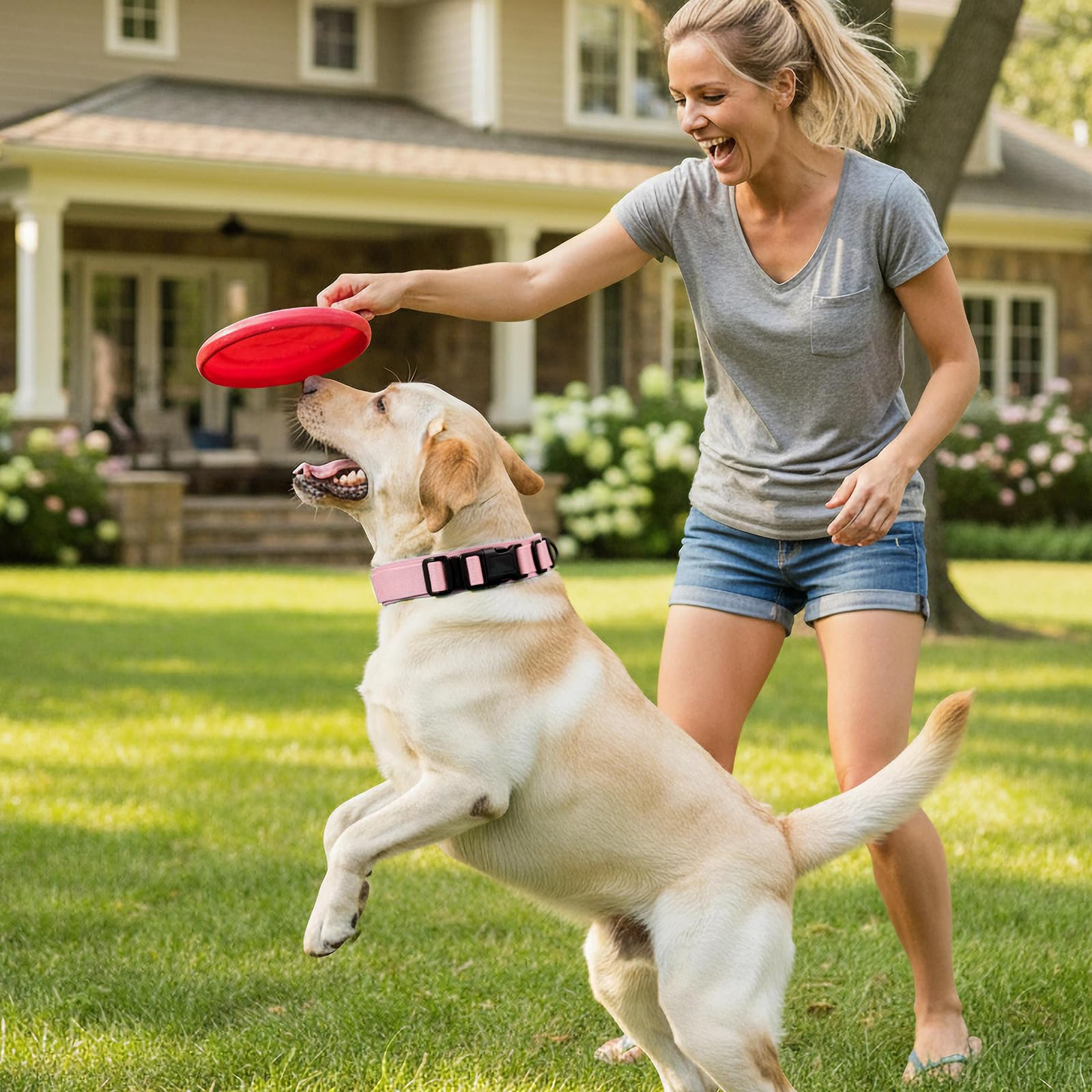 Collare per cani tattico resistente, anello a D in metallo, regolabile, resistente, con fibbia a sgancio rapido, per cani di taglia media e grande (rosa, M: 15-17)