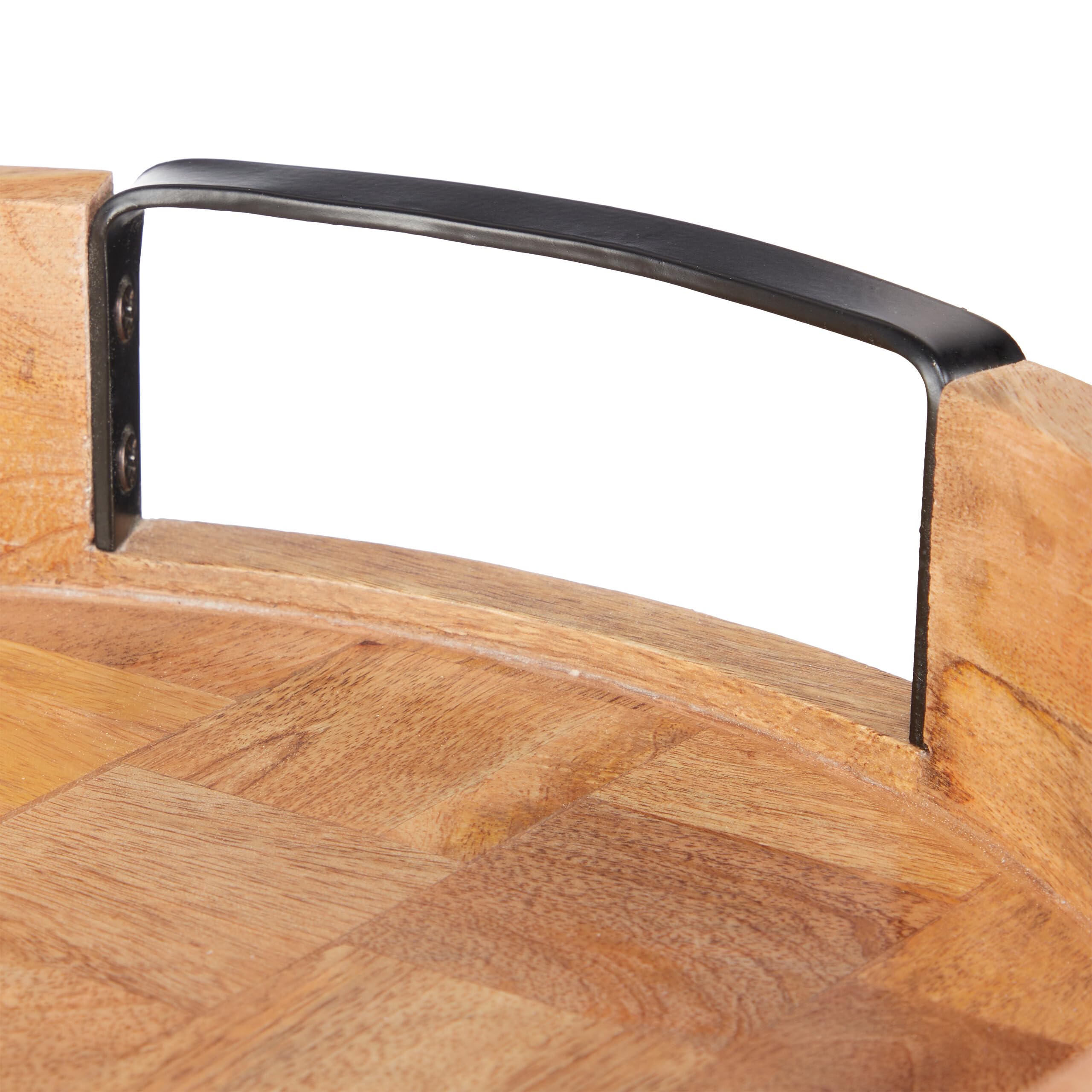 Relaxdays Bandeja Redonda de Madera de Mango, con Asas, Servir, Desayuno, Decorativa, Cocina, 7,5 x 35 cm, Natural
