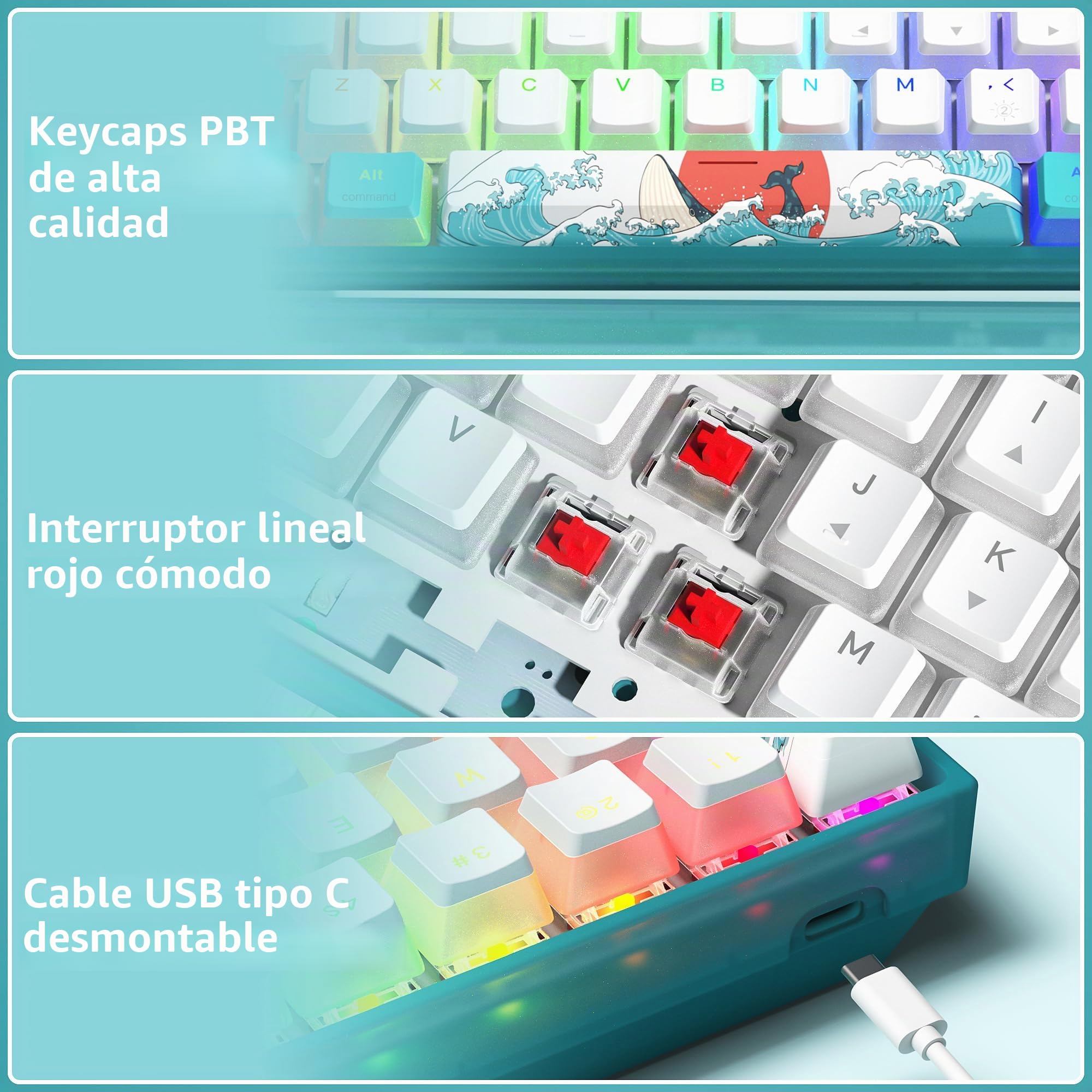 WK61 Teclado Mecánico 60% para Juegos Cableado, RGB | Teclado Gaming cableado en Caliente con Teclas PBT Mar del Coral para Jugadores de PC con Windows - Interruptor Lineal Rojo