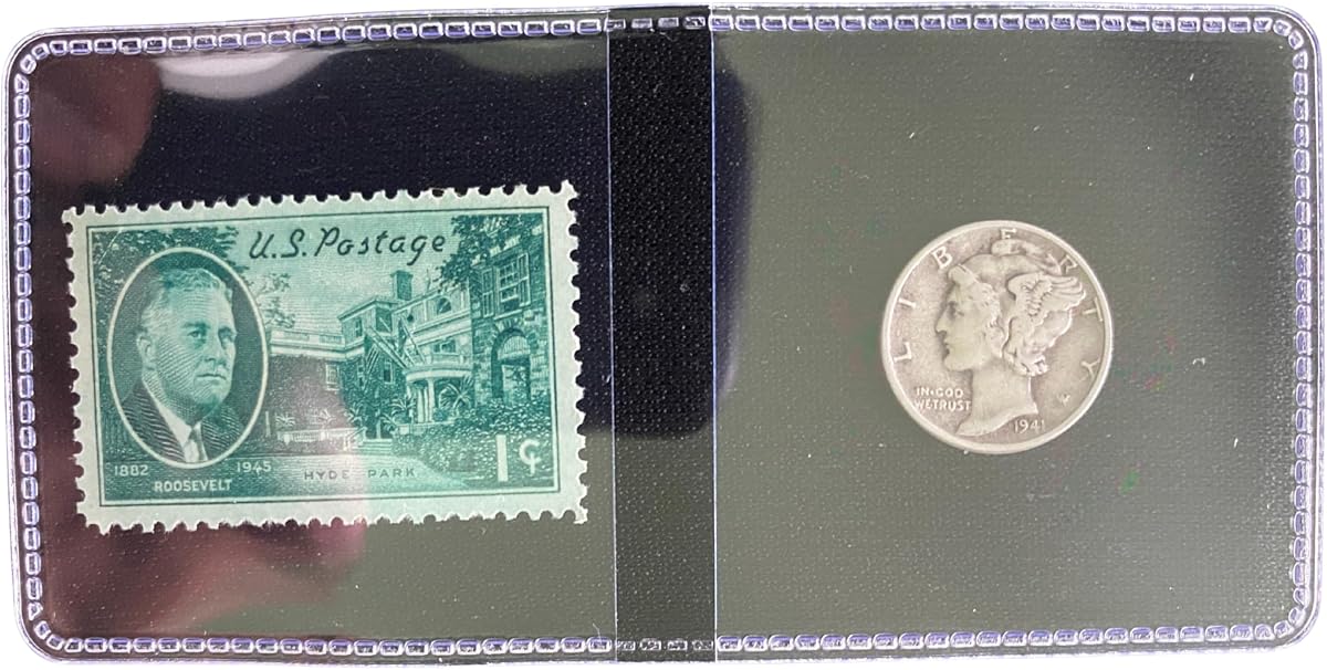 WWII Memorabilia – Franklin D. Roosevelt 1¢ Stamp & 1941–1945 Mercury Silver Dime – Historic Coin & Stamp Collectible in Protective Sleeve – Wartime FDR Tribute for Collectors & Display