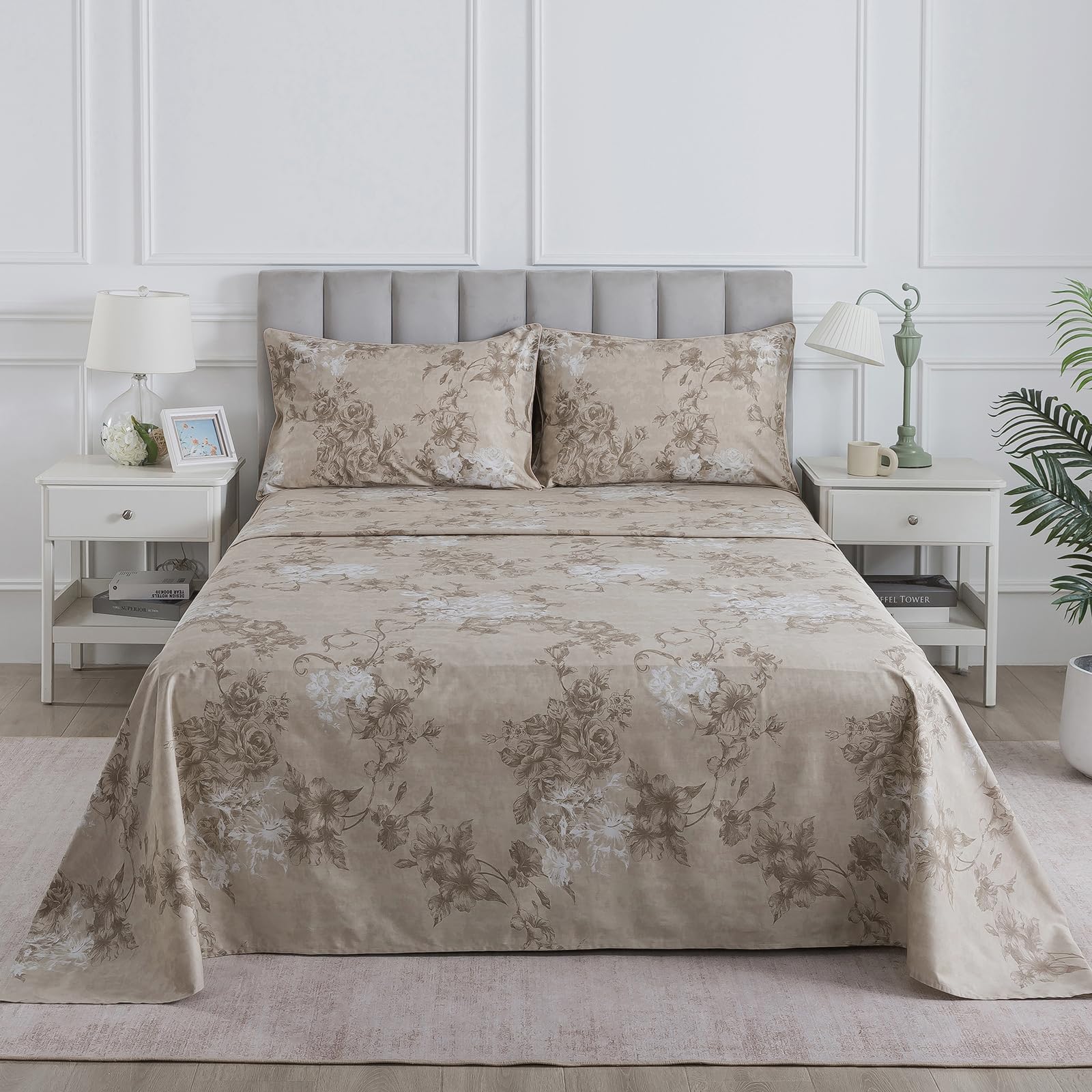 Dark Beige Boho Floral Percale Sheets Queen Size Deep Pocket, 4Pcs | 100% Cotton Vintage Farmhouse Bed Sheets, Brown Moody Flower Toile Sheet Set, French Country Bedding, Cottagecore, Soft Crisp