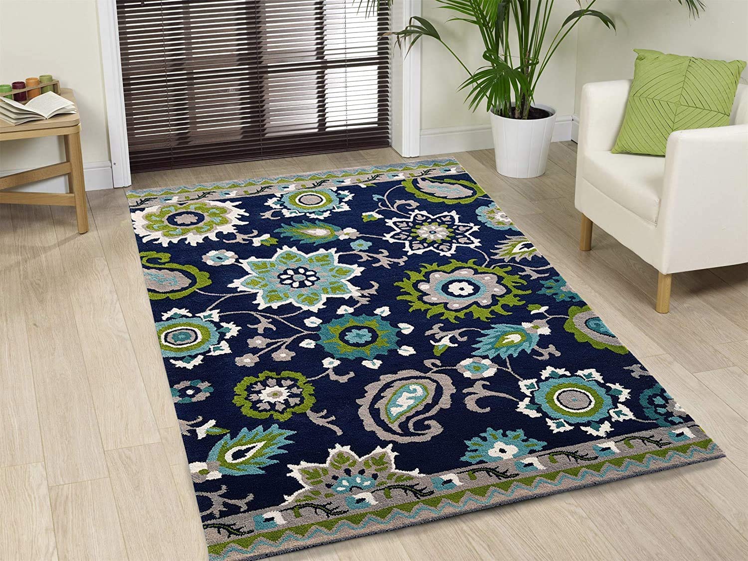 RIDA HANDLOOMRIDA HANDLOOM Hand Tufted Woolen Traditional Carpet for Living Room and Bedroom (Blue, Wool and Wool Blend, 6 x 9 Feet)