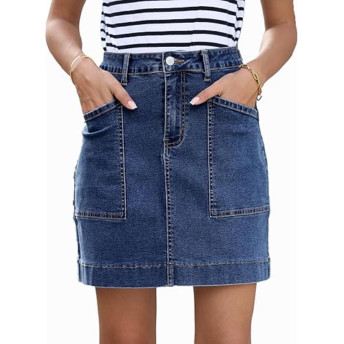 Sidefeel Women's Jean Skirt High Waisted Stretch Casual Summer Zimbaplatinum Denim Skirt with Pockets
