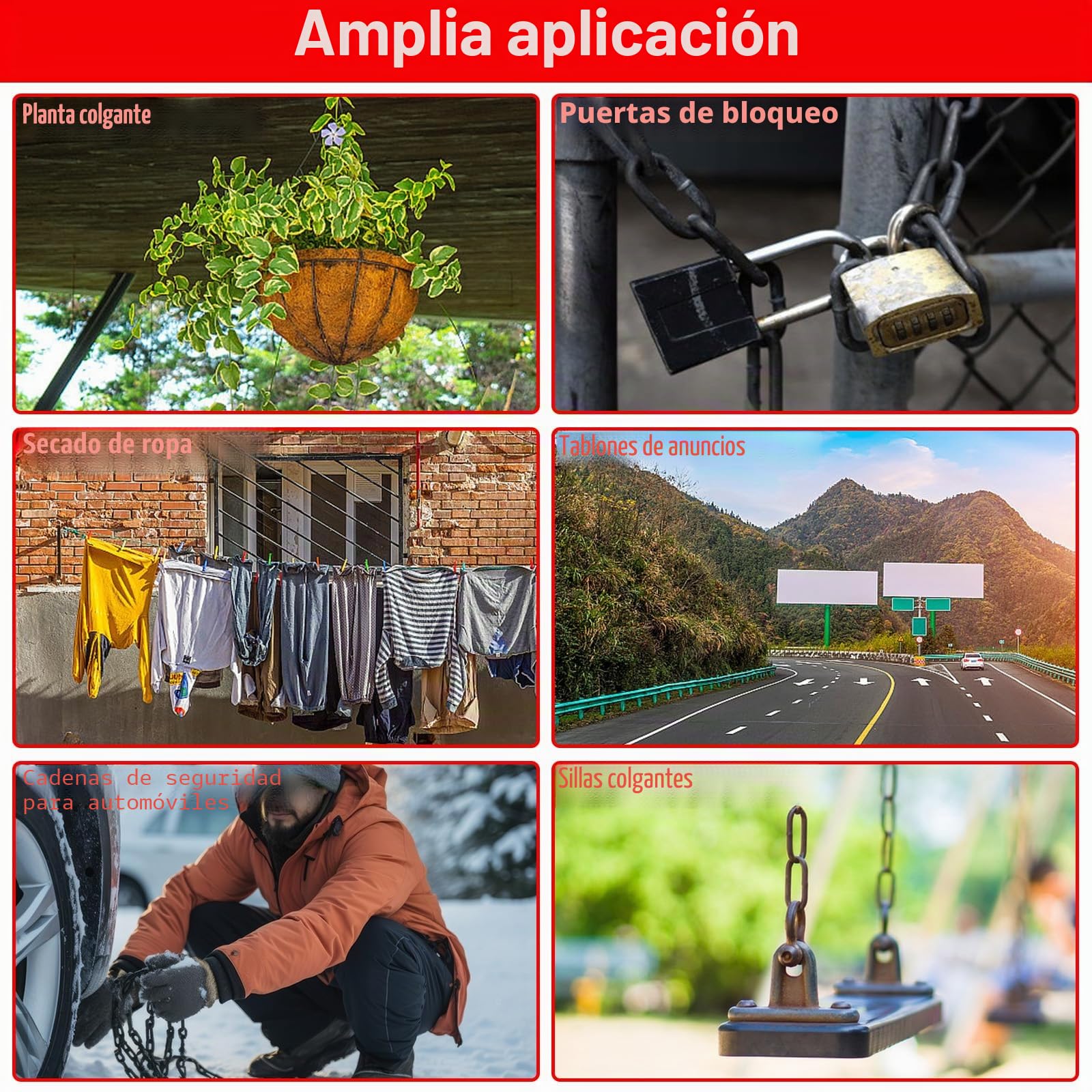 WOPPLXY 6m cadena acero 6mm, Negro, Acero al carbono, Para colgar vallas, cadenas de columpios, cadenas para sillas colgantes, puertas de garaje