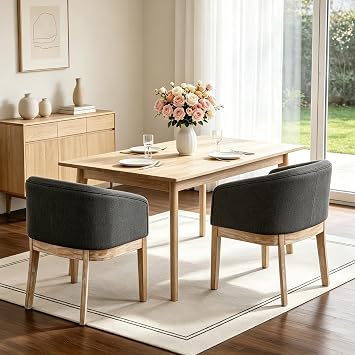 Barrel Dining Chairs Set of 2, Mid Century Modern Farmhouse Kitchen Chairs with Wood Legs, Linen Upholstered Accent Chair with Arms for Living Room/Bedroom, Grey
