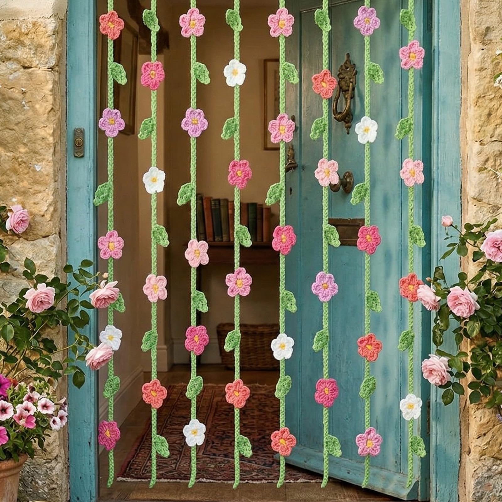 Photo 1 of 12 Pcs Handmade Crochet Flower Garland Decor Knitting Spring Floral Garland Hanging Ornaments Boho Door Curtains Decoration for Backdrop Wall Window Fireplace Bedroom Birthday Wedding Party