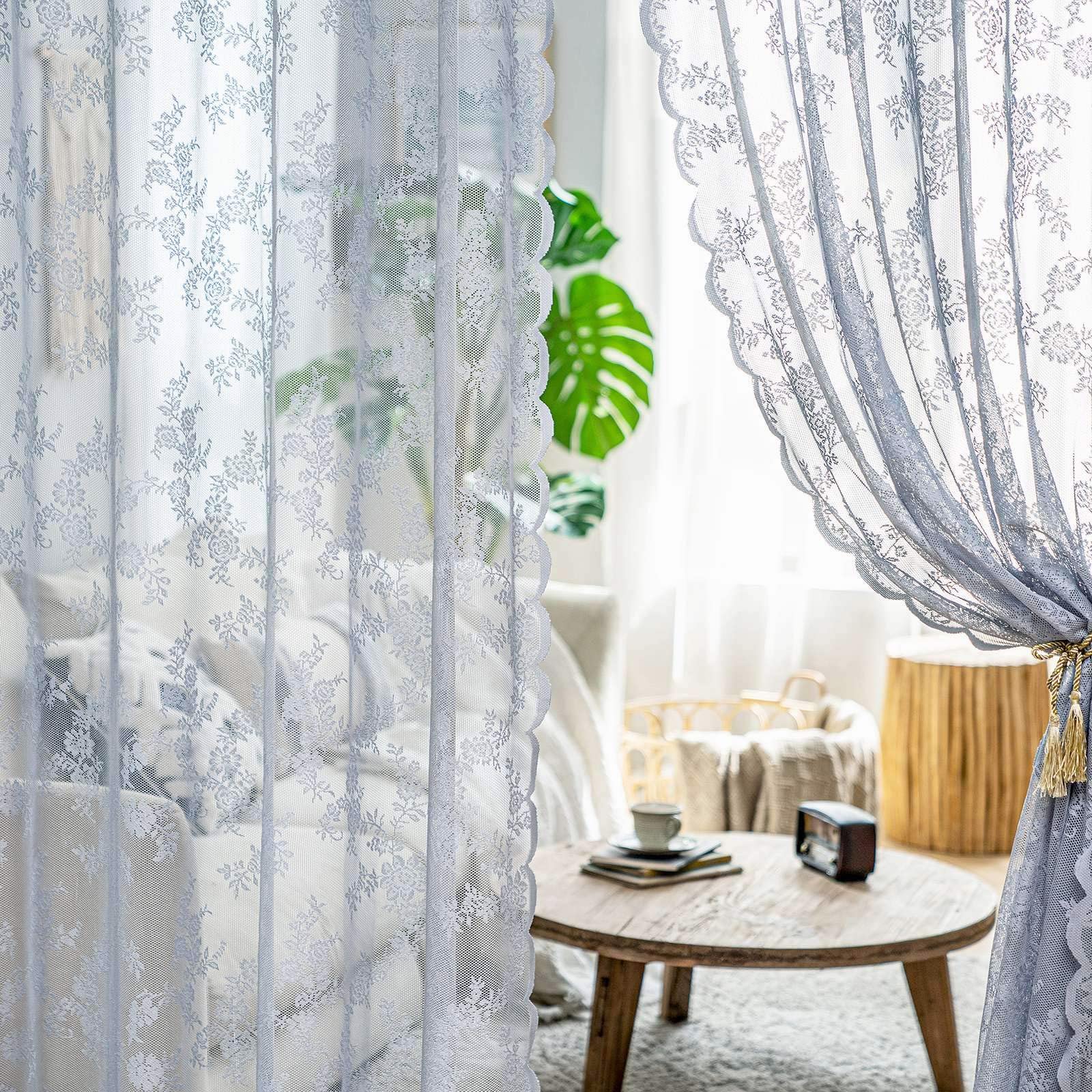 MIULEE Tende di Pizzo-Tende Grigio Chiaro per Finestre in Pizzo Trasparente Ricamate Floreali per Camera da Letto Soggiorno, Tenda Ricamate con Occhielli, 2 Pezzi Tenda, 2 X150x245cm(LxA)