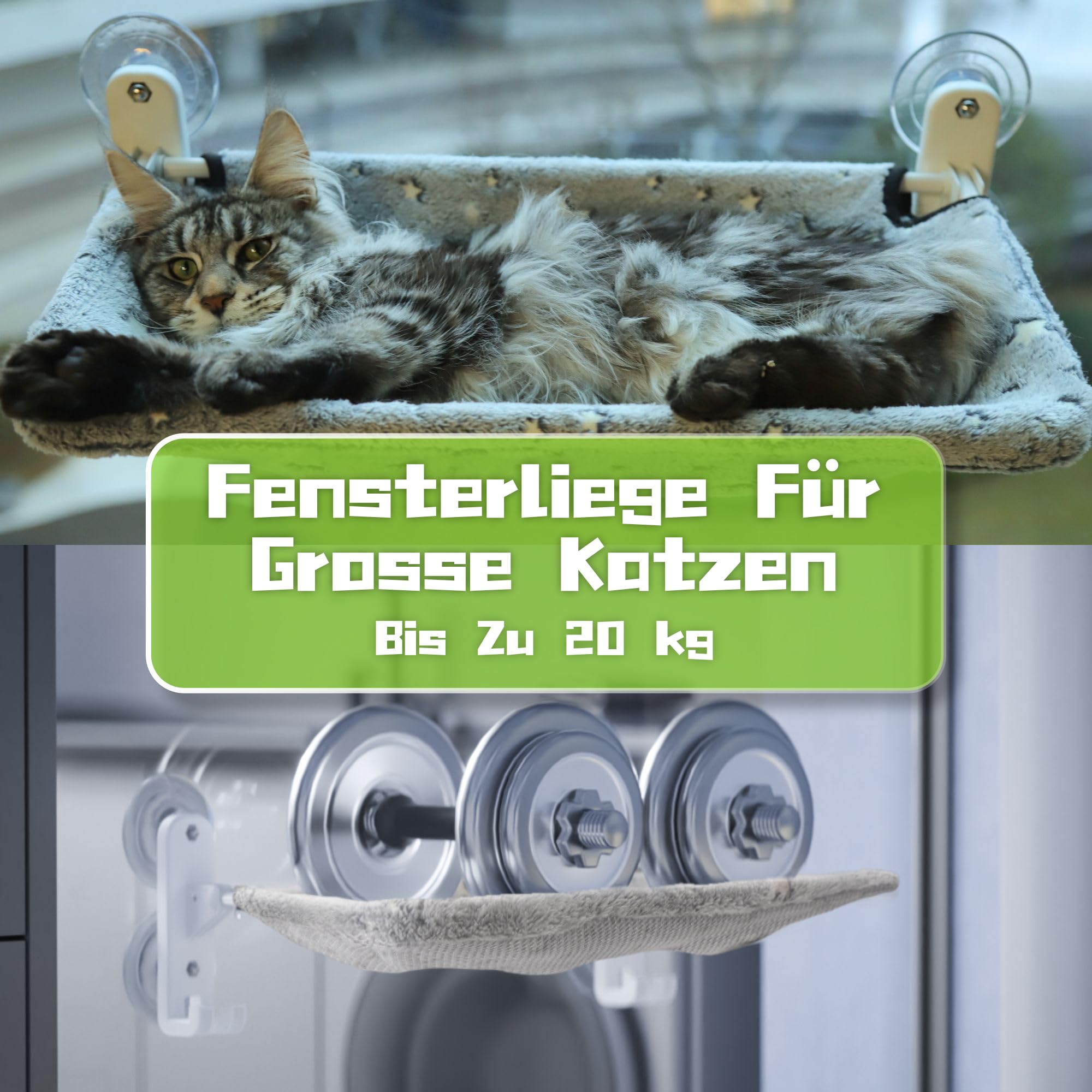 Katzen Fensterliege, Faltbare Hängematte Katze mit Leuchtenden Sternen, Fensterplätze mit Starken Saugnäpfen, Katzenliege Fenster für Große Katzen Bis zu 20kg, Grau (L)