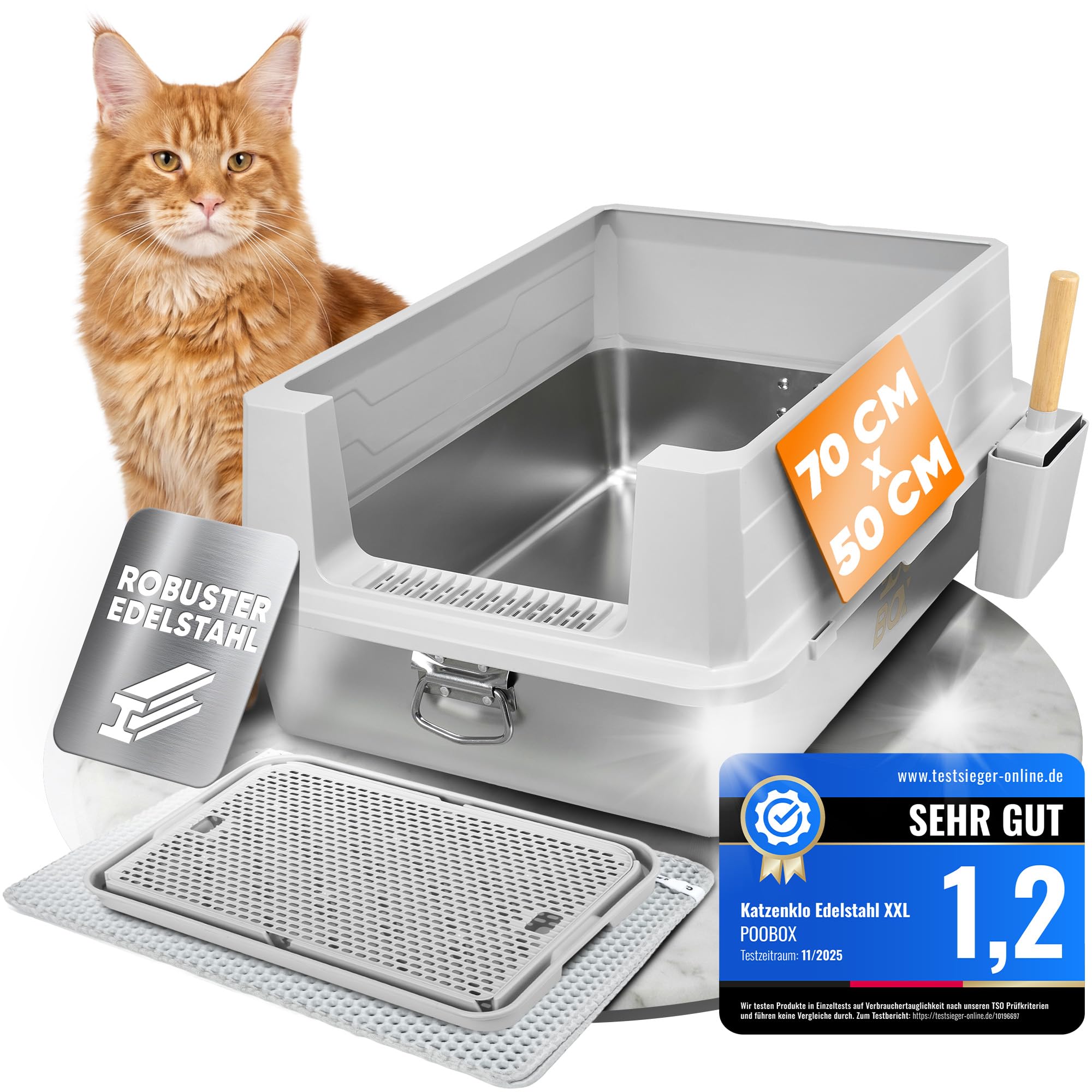 POOOX® Bac à litière en acier inoxydable XXL 70 x 50 cm Gris pour grands chats Accessoires | Anti-fuite, Maine Coon, inodore, pelle, tapis et marche, nettoyage facile, hygiénique, maison multi-chats