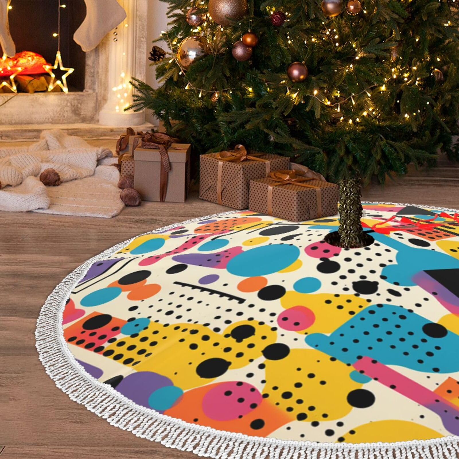 Décoration de sapin de Noël : jupe de sapin 122 cm à pompons Memphis et tapis de pied d'arbre