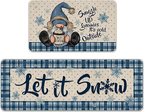 Miniatura 1 de Winter Gnome Let It Snow Kitchen Rugs Set of 2, Blue Plaid Polka Dot Snowflake Farmhouse Kitchen Mats Decor, Christmas Holiday Seasonal Floor Door