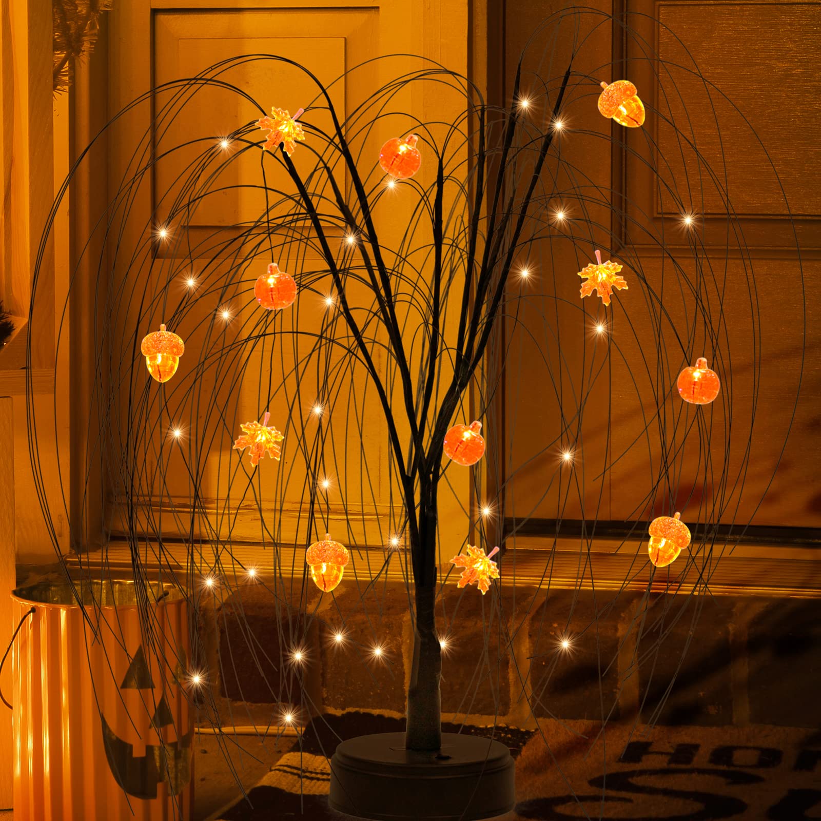 Lighted Willow Tree Fall Decor Battery Operated, 20 Inch Tabletop Maple Acorn Pumpkin Tree Thanksgiving Halloween Decoration, Artificial Orange Tree for Harvest Autumn Home Party Indoor
