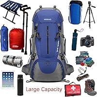 Vista 5 de HINIHAO Mochila de senderismo para acampar de 70 litros con cubierta de lluvia, mochila para treeking paquete de viaje al aire libre (70L azul)